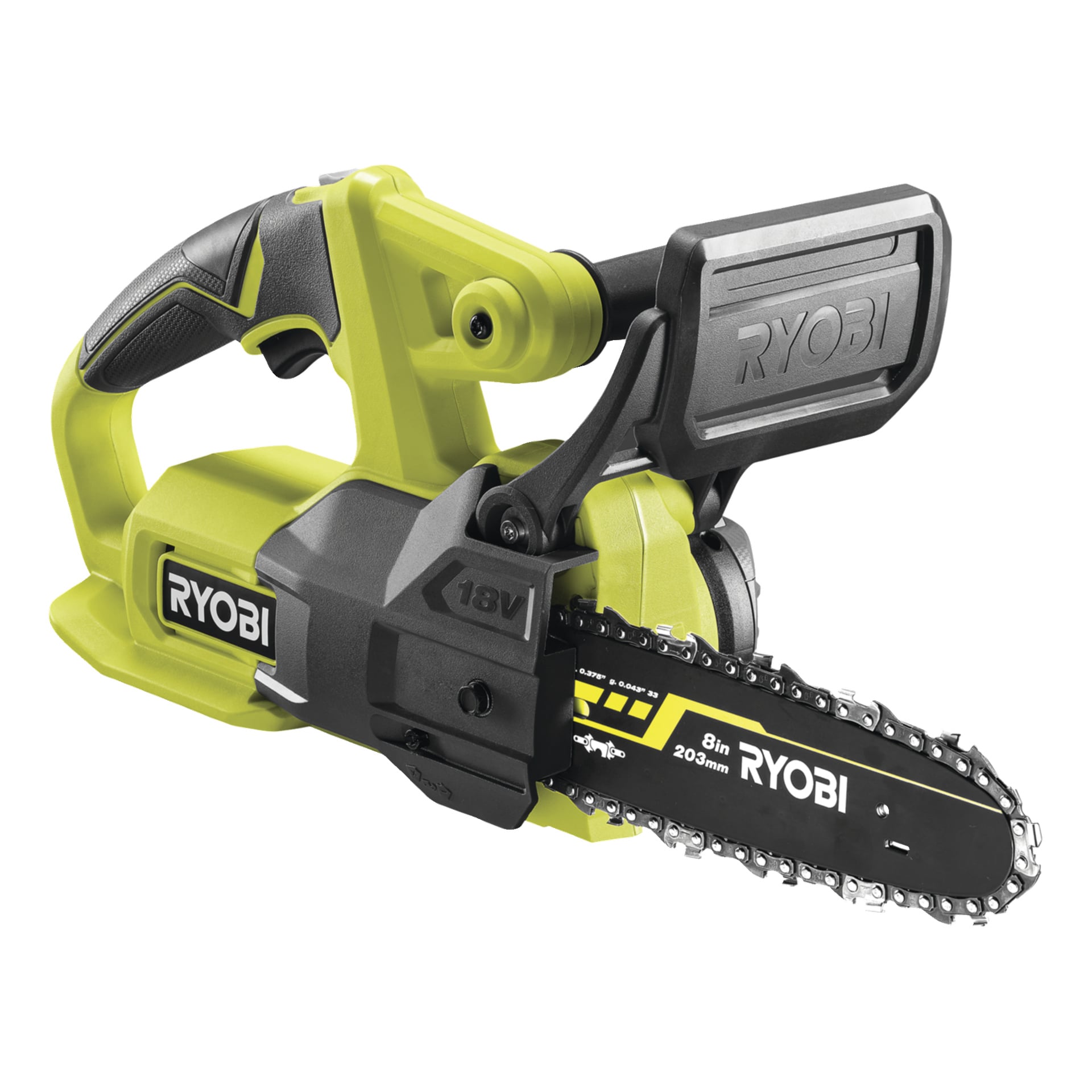 Ryobi One+ RY18CS20A-125 motorsag, 18V batteridrevet, svart og grønn med 8-tommers blad; Ryobi-logo på siden og omslaget.