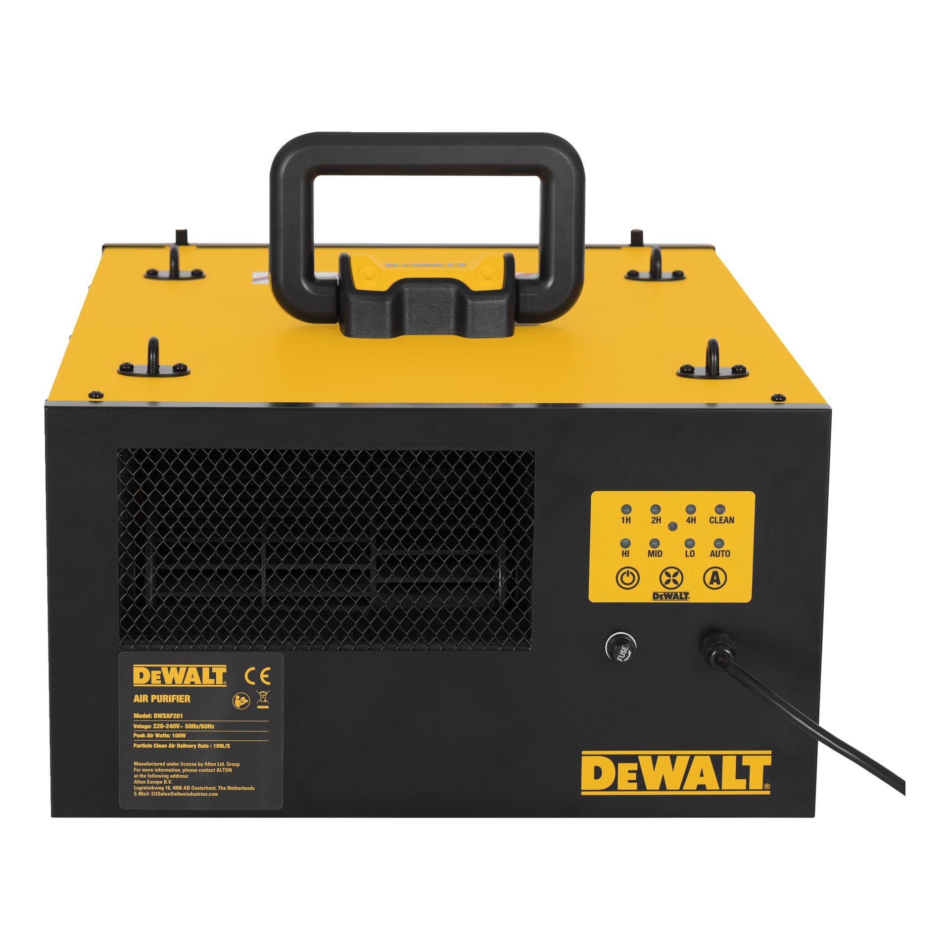 DeWalt DWXAF201 ilmanpuhdistin keltaisella ja mustalla korilla, yläkahvalla, etusäleikköllä, ohjauspaneelilla valoilla ja painikkeilla, sivujohto.