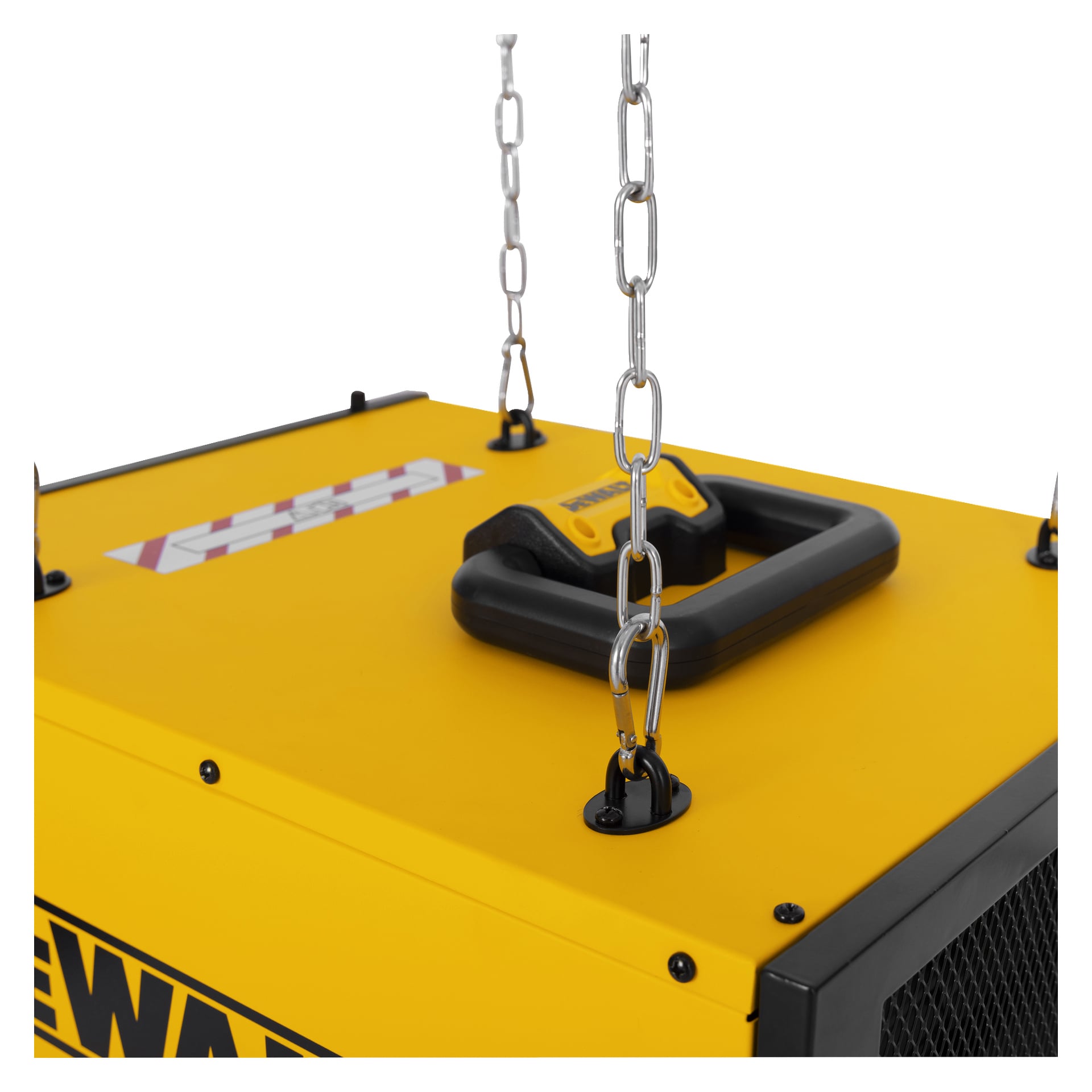 DeWalt DWXAF201 ilmanpuhdistimen lähikuva keltaisena, yläkahvalla, kahdella metalliketjulla, kiinnityspisteillä ja varoitusraidalla varustetulla tarralla.