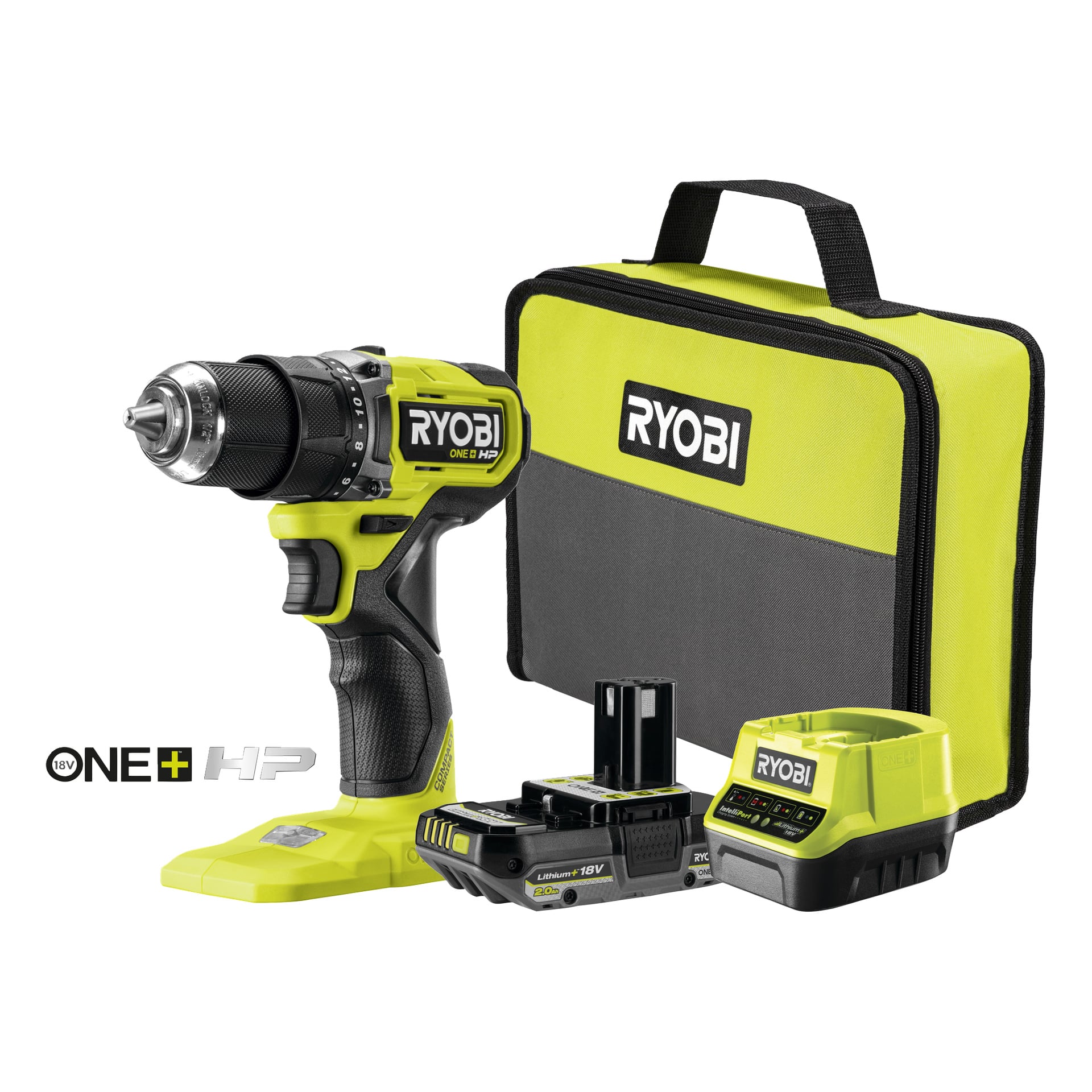 Ryobi One+ HP borstlös skruvmejselset (RDD18C1-1C20SJ) med batteri, laddare och bärväska märkt Ryobi.
