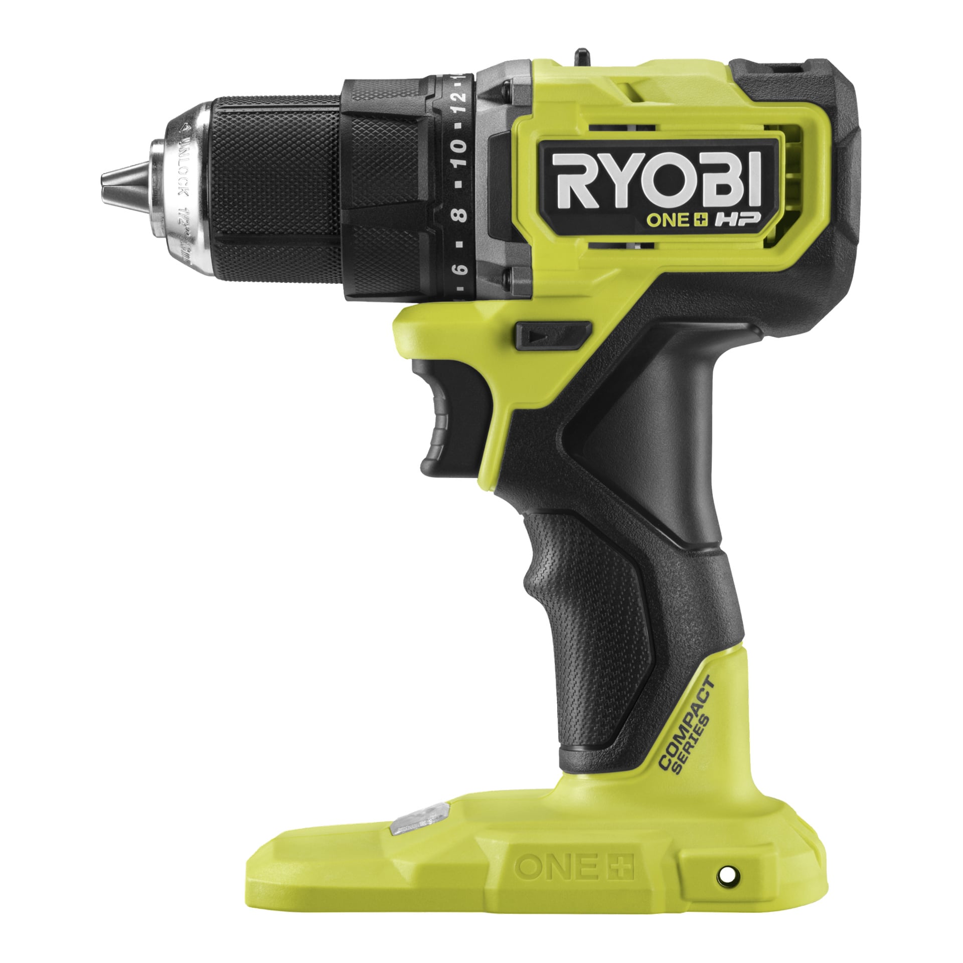 Ryobi One+ HP borstlös skruvmejsel visas med tillbehörskit, modell RDD18C1-1C20SJ.
