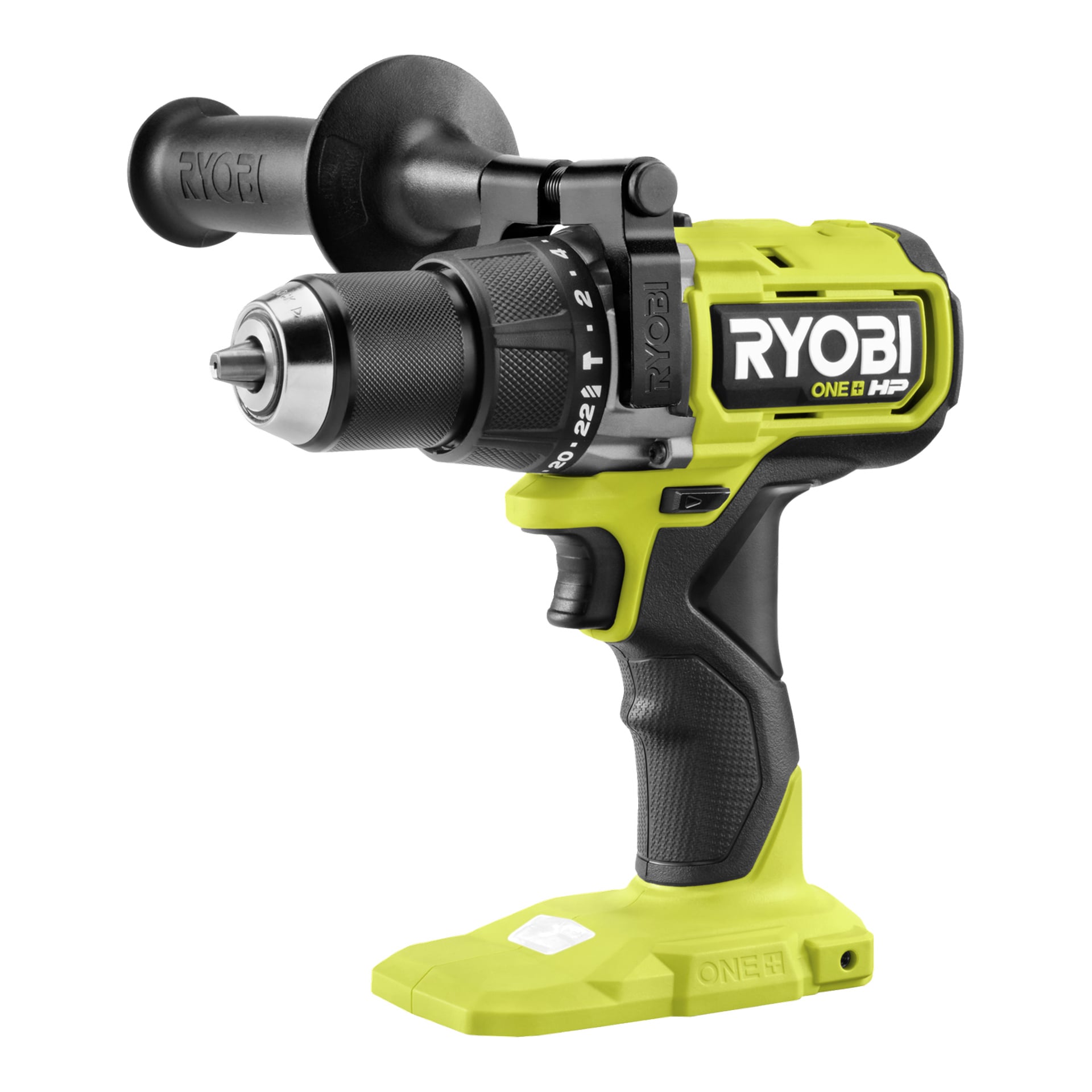 Ryobi One+ HP borstlös skruvmejsel RPD18X1-1C40SJ med tillbehörskit, gul och svart kropp, inget batteri installerat.