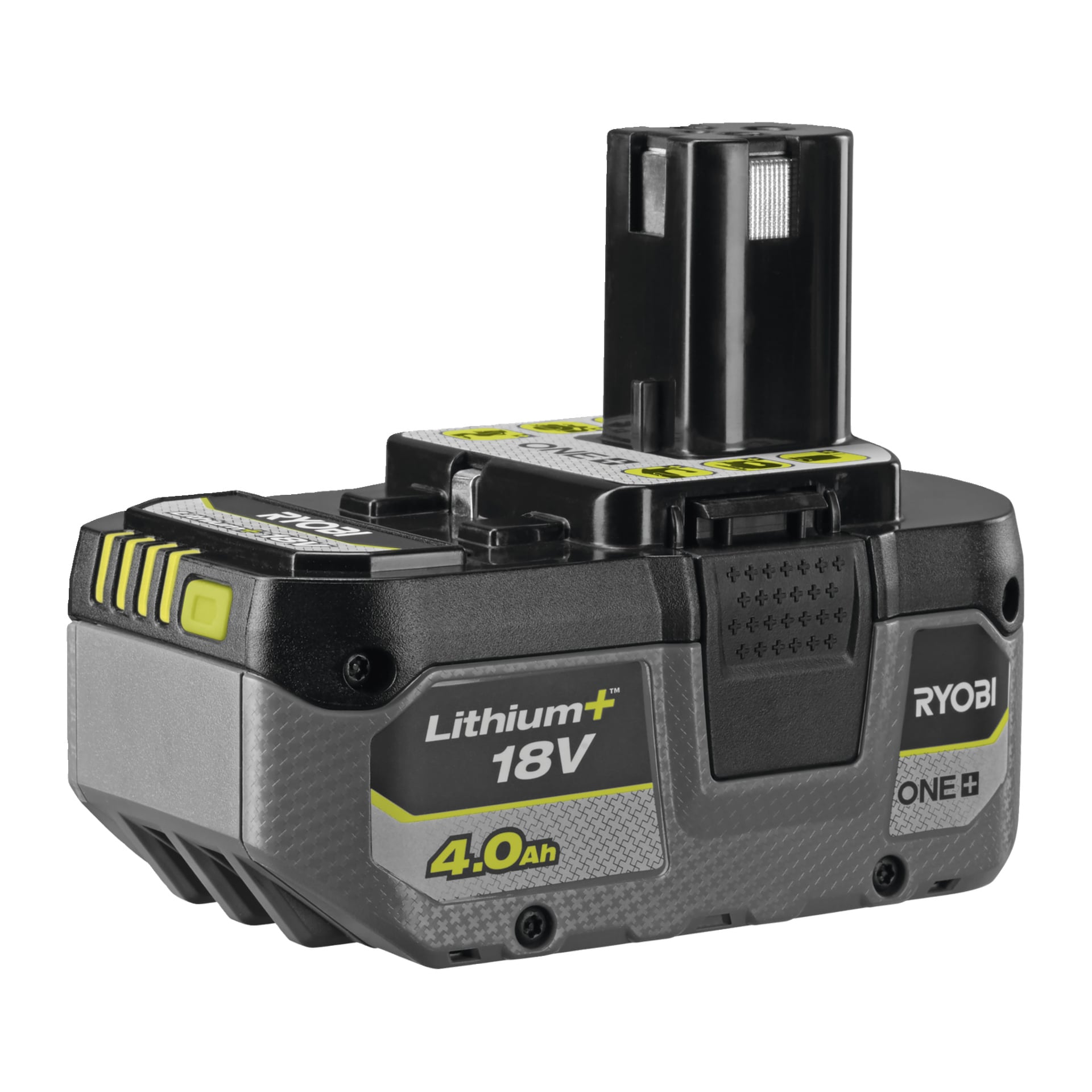 Ryobi One+ RC18640-3422 multiladesett med 4 oppladbare batterier i svart, grått, grønt og gult med toppporter.