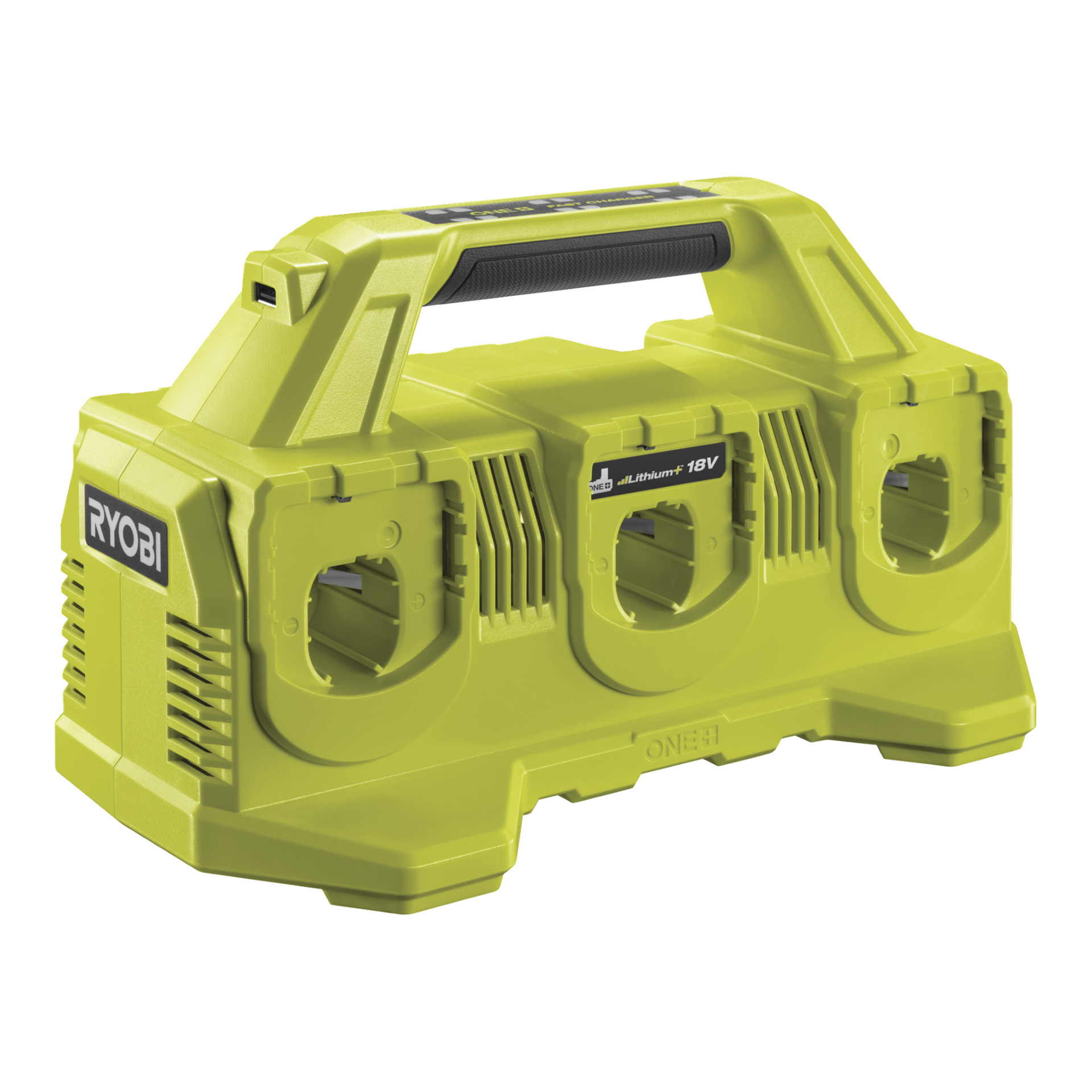 Limegrønn Ryobi One+ Multi-lader RC18640-3422 har tre ladeporter, topphåndtak, sidelogo; Har plass til 18V litiumbatterier, fire enheter.