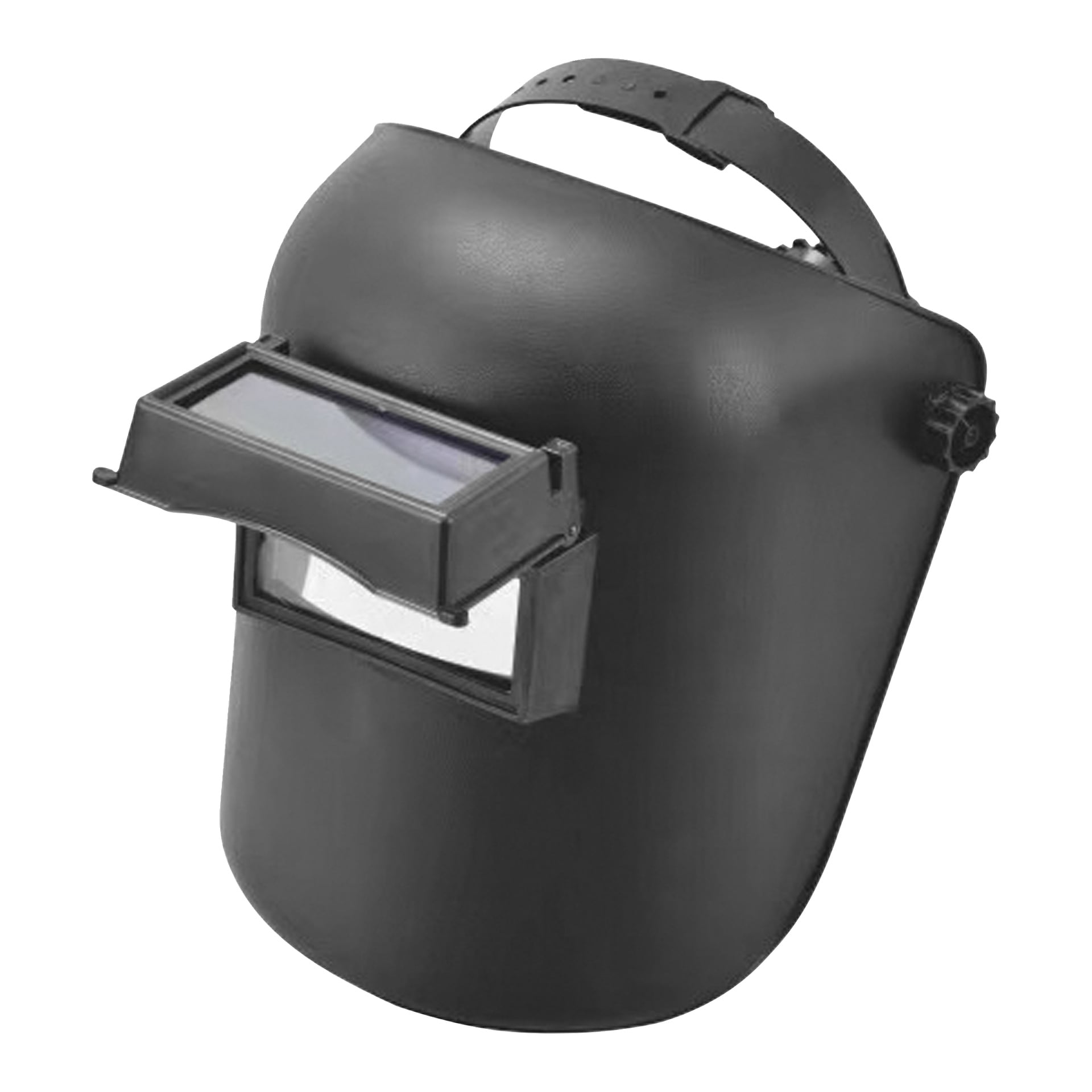 Black Meec Tools sveisehjelm med hardplastskall, justerbar hoderem og et oppklappbart rektangulært frontvindu.