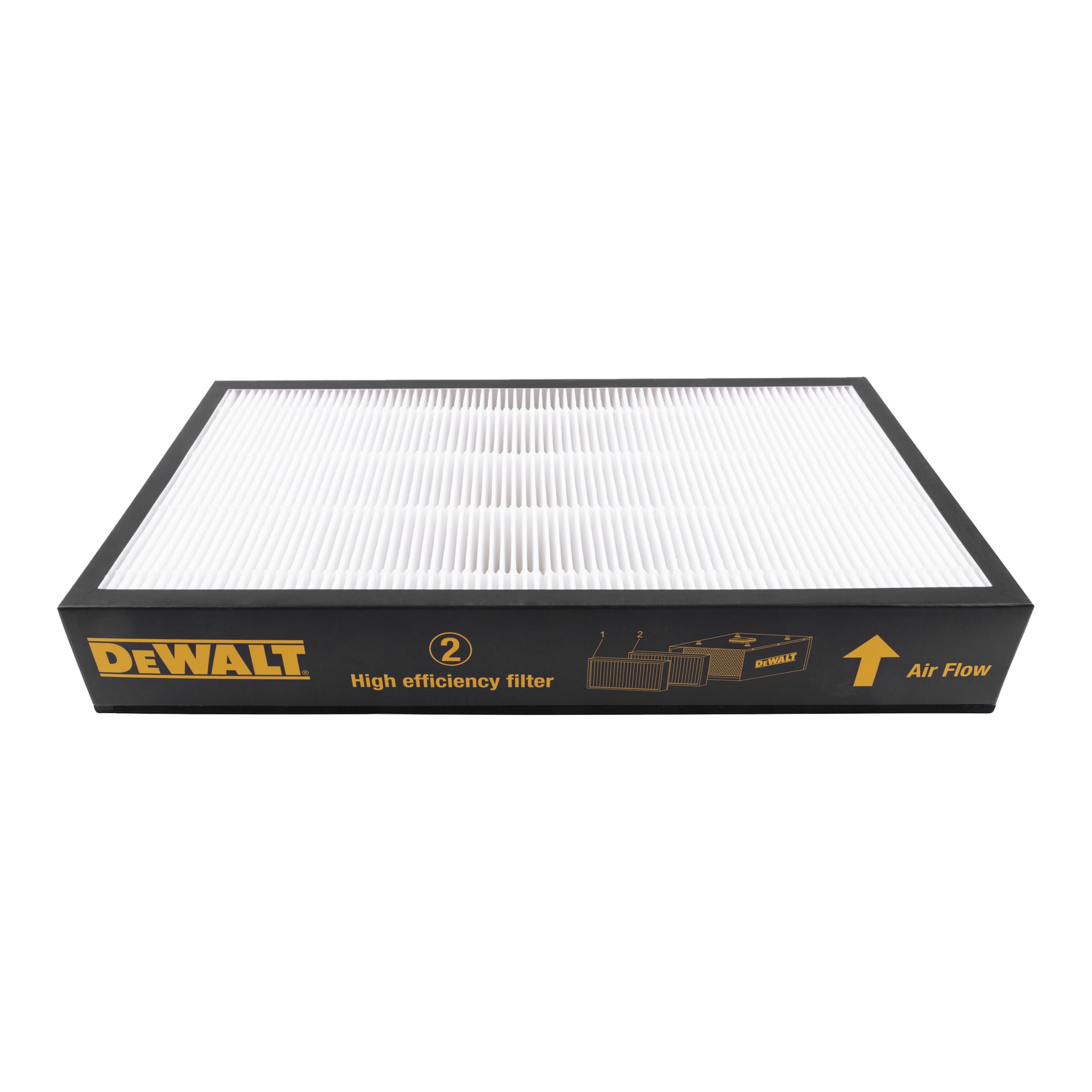 Filtr DeWalt DXVC3903 to prostokątny, plisowany filtr powietrza z czarną ramą oznaczoną kierunkiem przepływu powietrza oraz wskazówkami montażowymi.