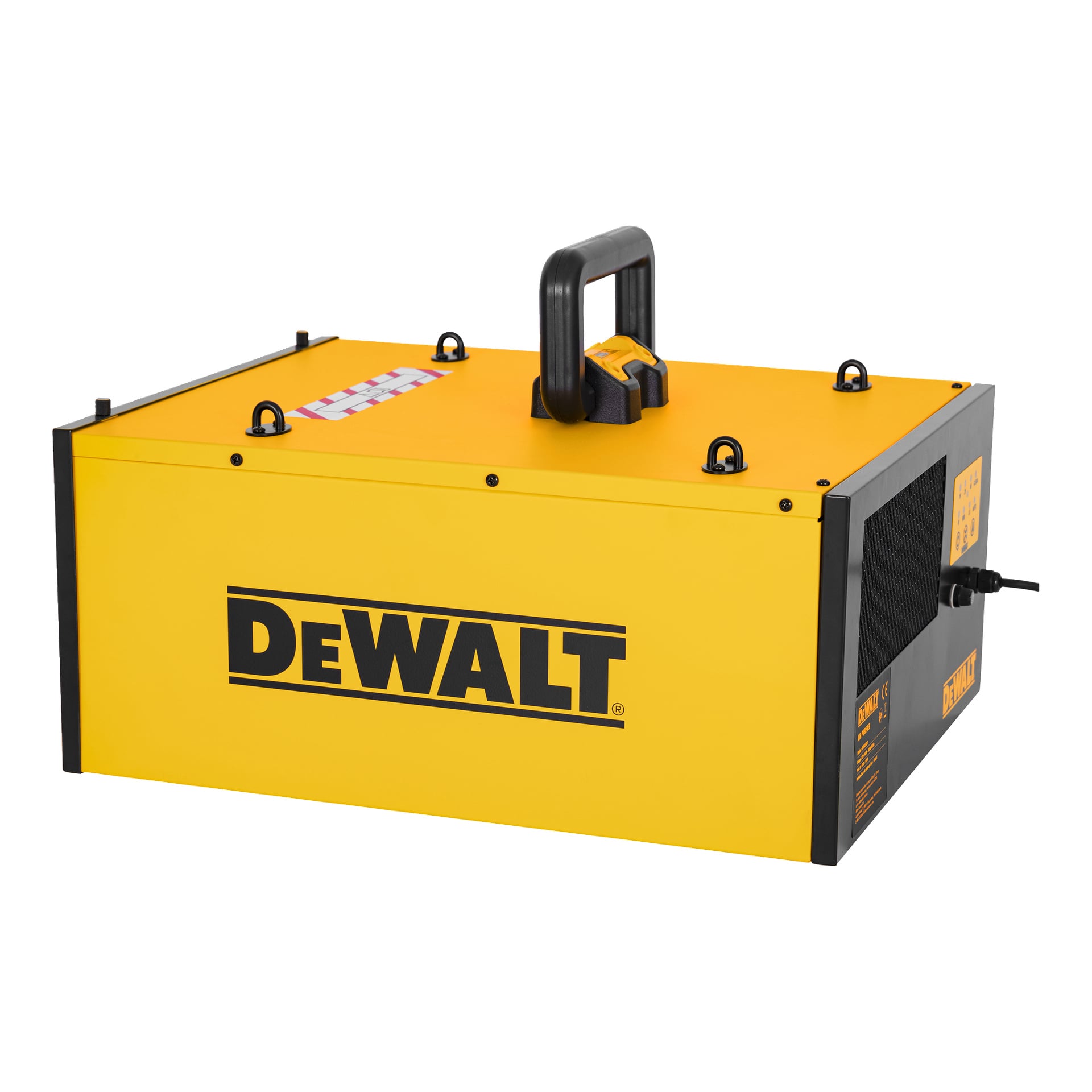 Kelta-musta DeWalt Air Purifier DWXAF201, jossa on yläkahva, sivuvirtajohto, brändätty laatikko ja mustat tuuletusaukot.