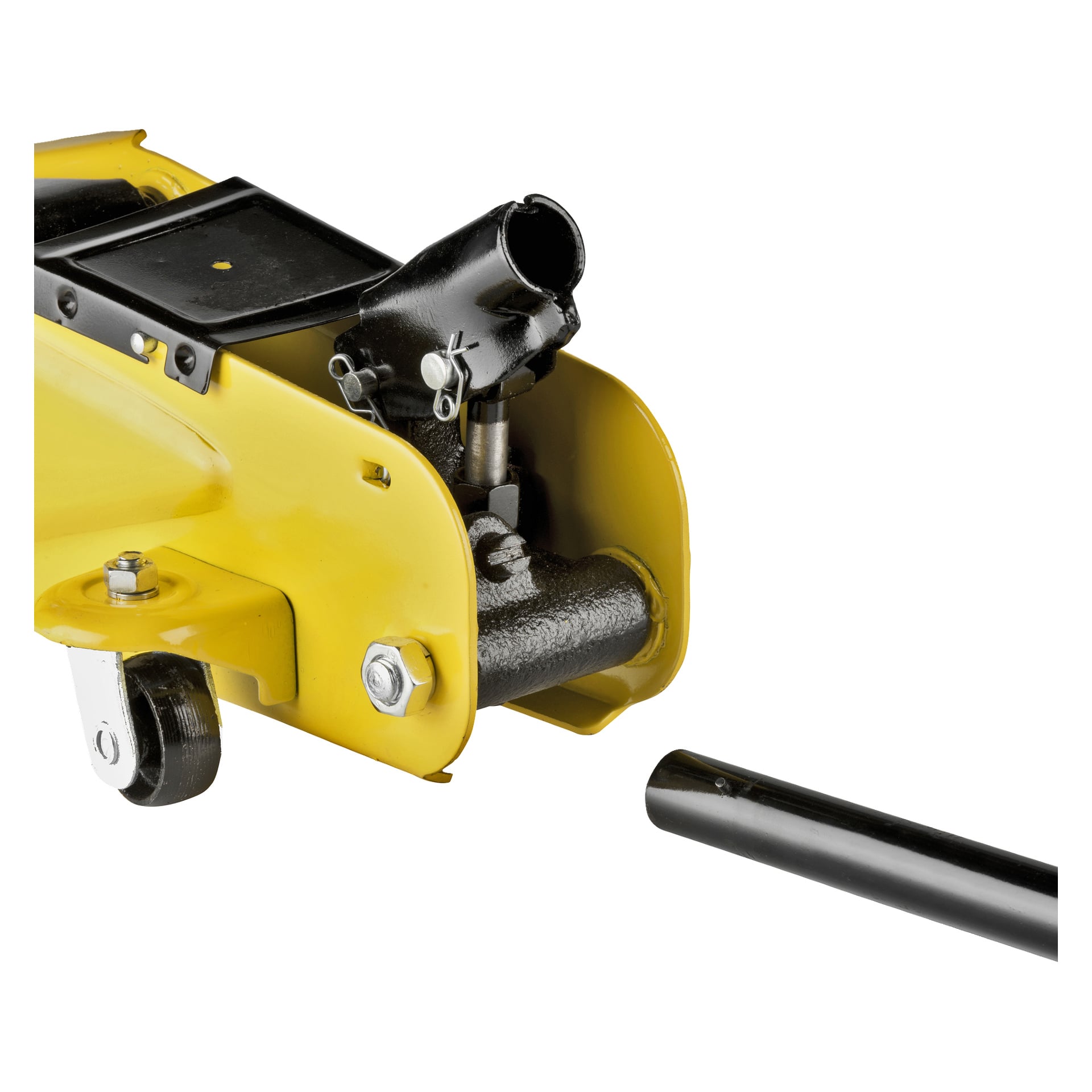 Nærbilde av en gul, hydraulisk gulvjekk fra Dunlop med et løsrevet, svart håndtak, som fremhever tilkoblingsområdet og en del av hjulmonteringen på hvit bakgrunn.