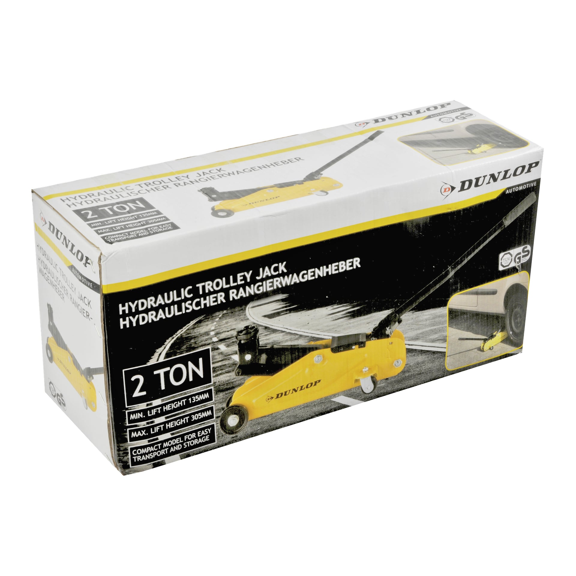 En eske som inneholder en gul Dunlop hydraulisk jekk (2-tonns kapasitet). Emballasjen inneholder produktbilder, spesifikasjoner og tekst på engelsk og tysk. Merkevare: Dunlop.