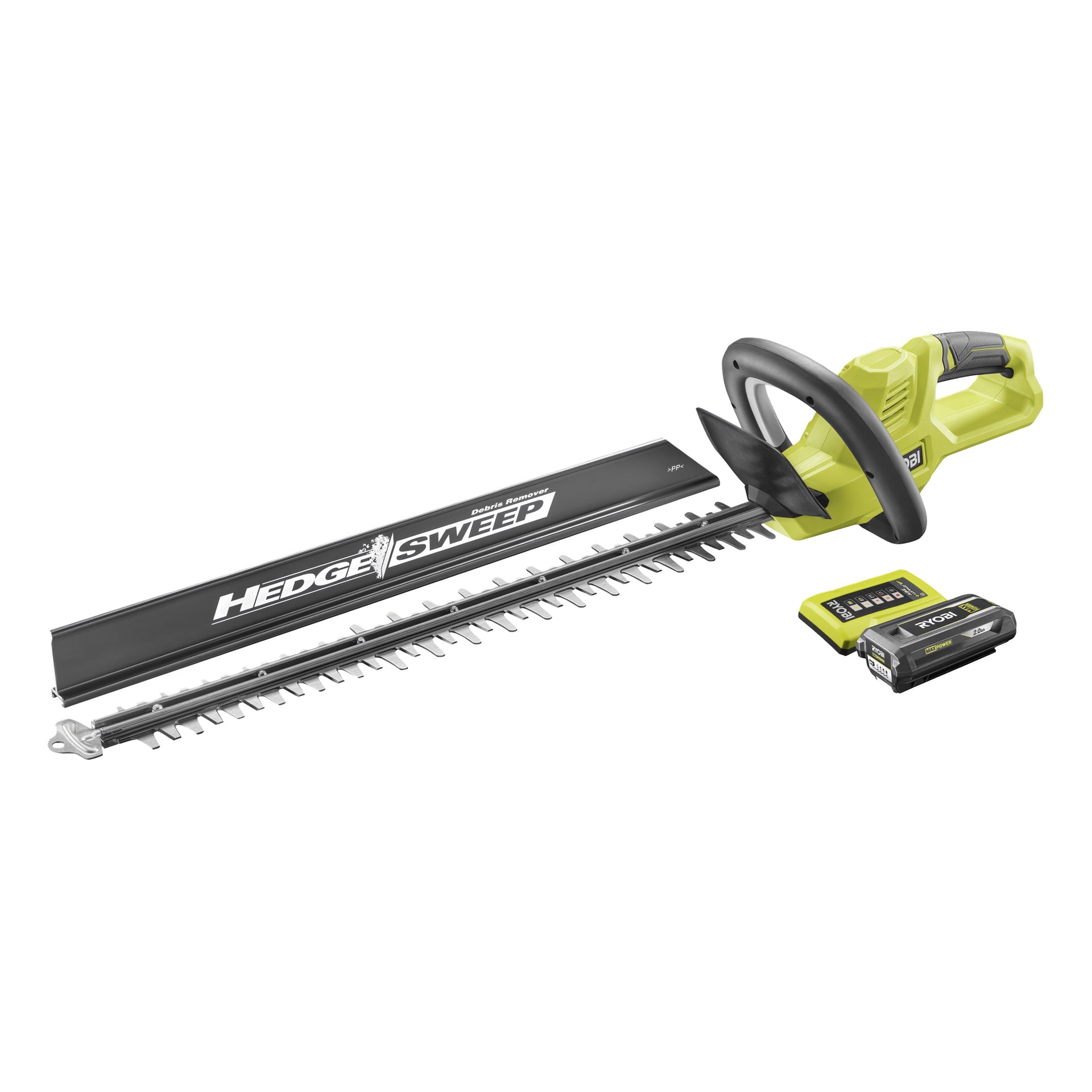 Ryobi Max Power Brushless häcksax (modell RY36HT60A-120) i gult och svart, långt blad, lock, batteri och laddare.