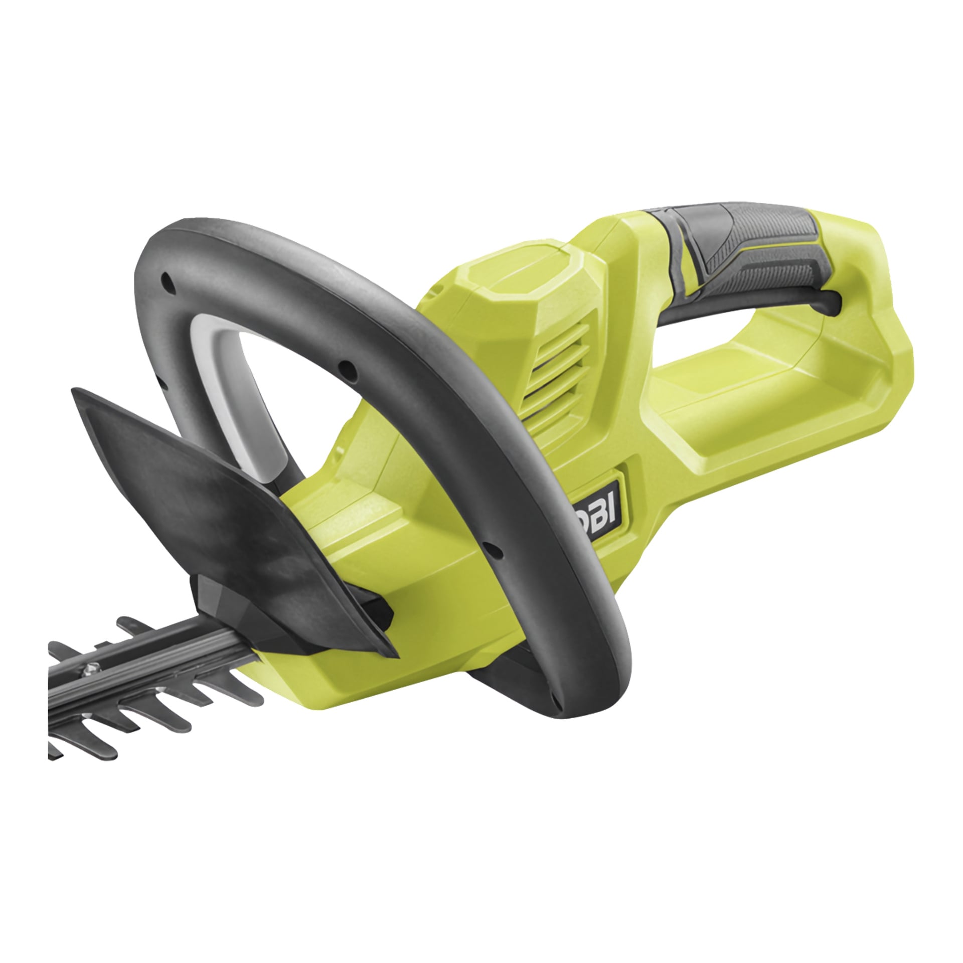 Närbild på Ryobi Max Power Brushless häcksax RY36HT60A-120 med batteri, laddare, gulsvart handtag, skydd och blad.