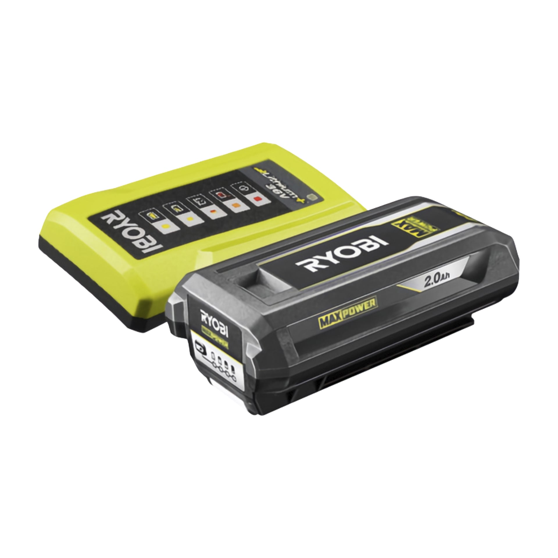 En Ryobi Max Power Brushless häcksax (RY36HT60A-120) visas bredvid dess batteri och laddare.