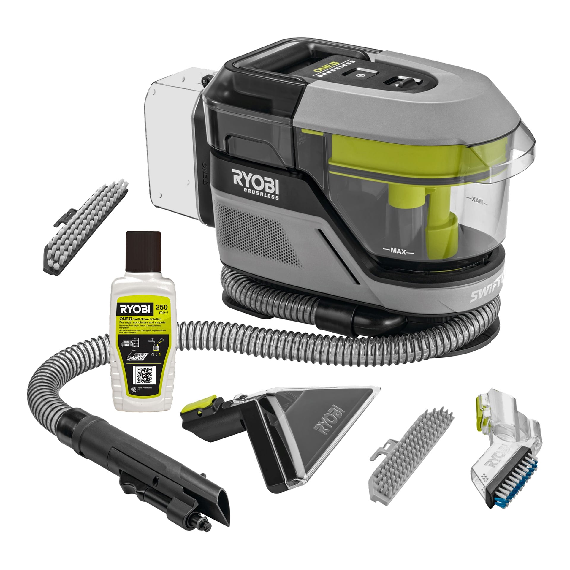 Ryobi One+ Swift Clean RCD18BL-1C20GJ batteriflekkfjerner med klar støvbeholder, slange, tilbehør, løsning og børster.
