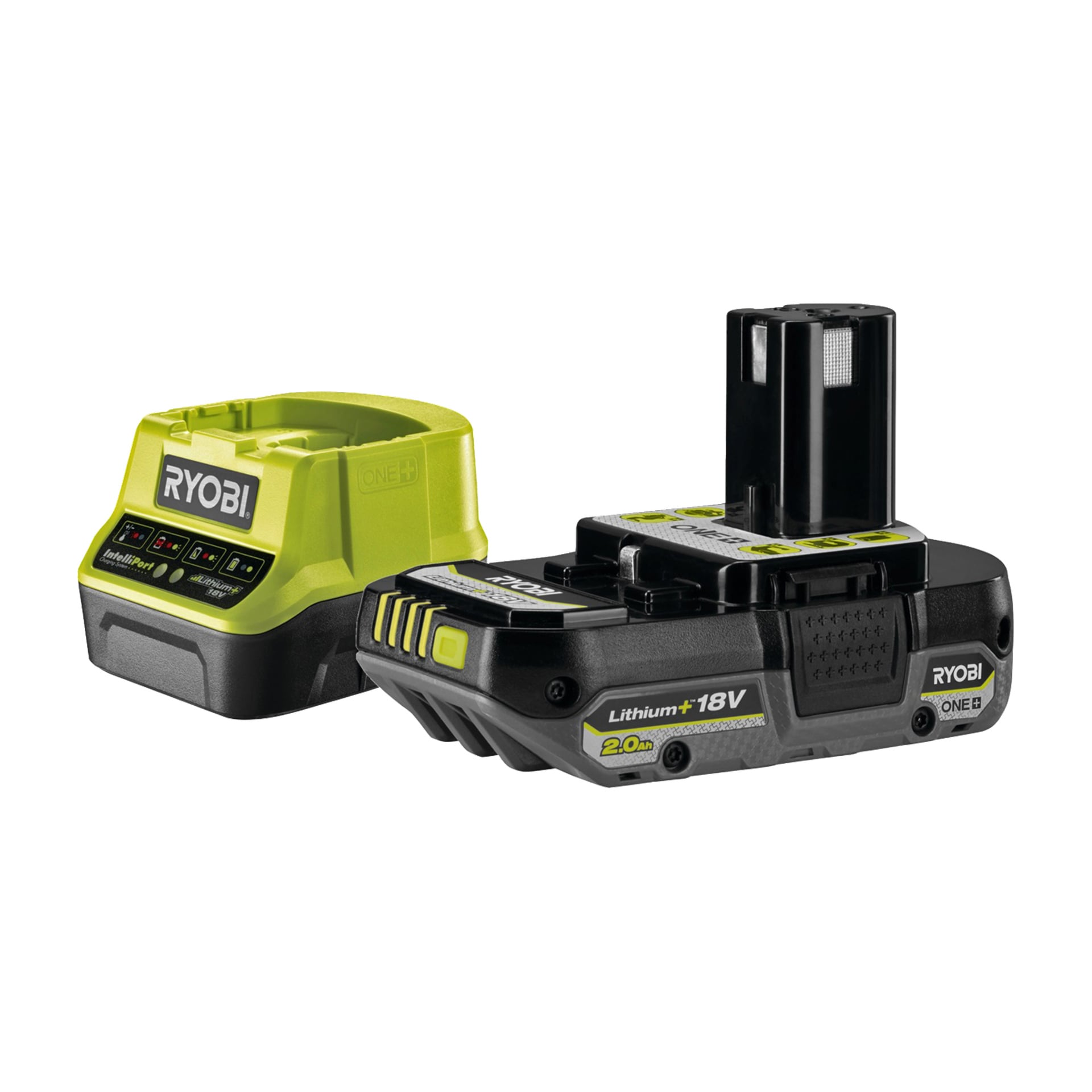 Ryobi One+ Swift Clean RCD18BL-1C20GJ flekkfjernersett med batteripakke til høyre og grønn-svart lader til venstre.