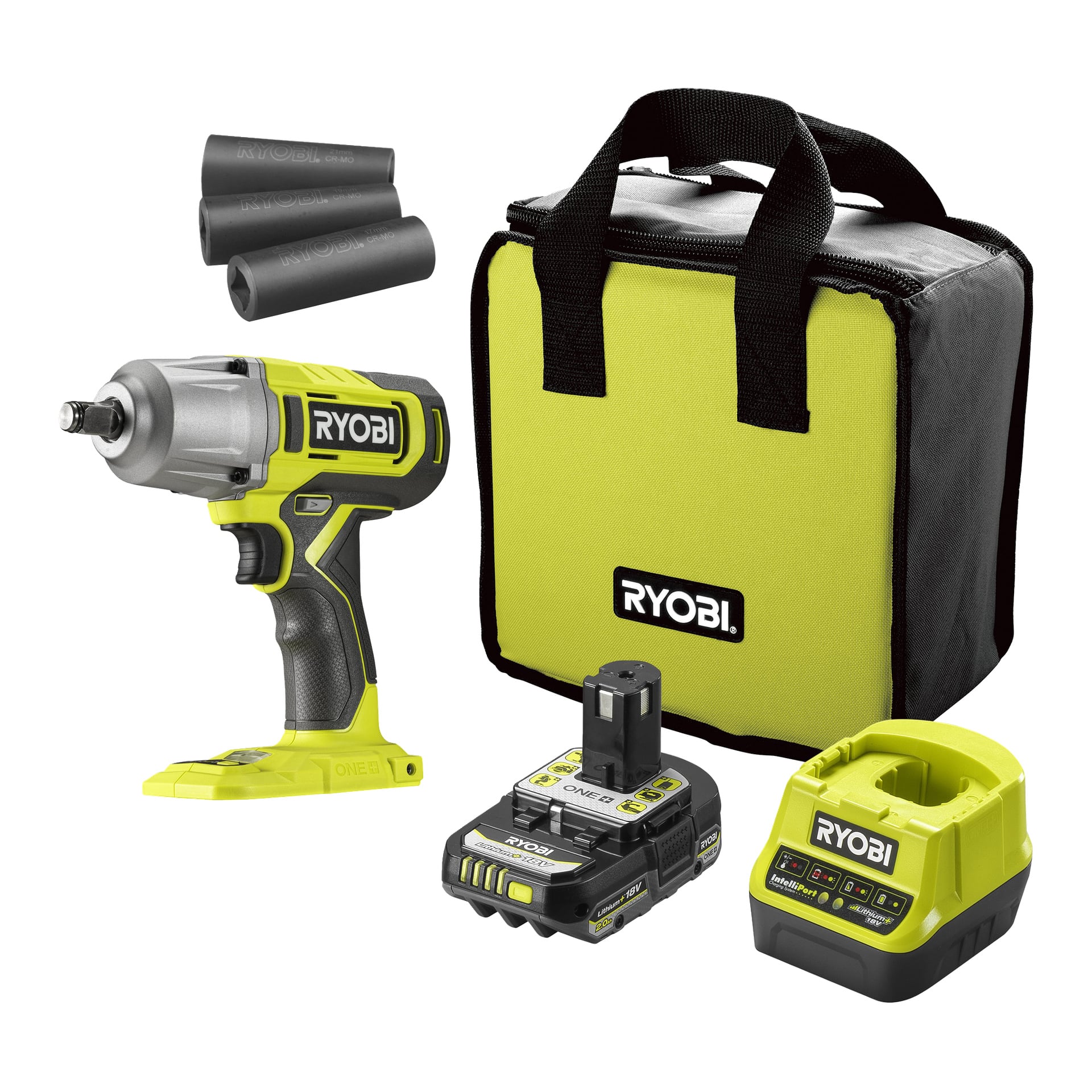 Ryobi One+ slagnyckelkit inkluderar en slagnyckel, tre hylsor, batteri, laddare och en svartgrön Ryobi-bärväska.