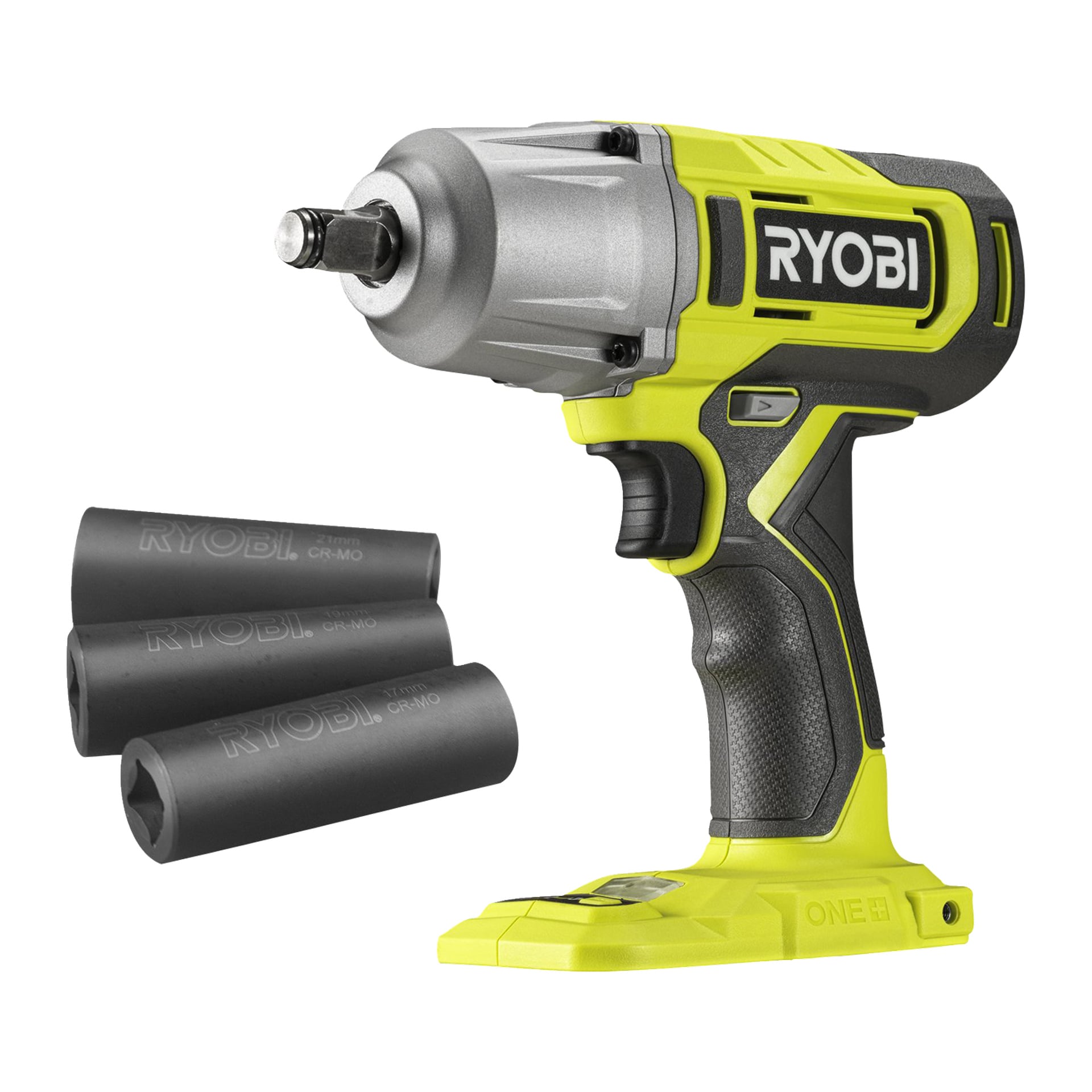 Gul og svart Ryobi One+ Impact Wrench Kit RIW18-1C20SA3 står oppreist uten batteri, ved siden av tre svarte piper.