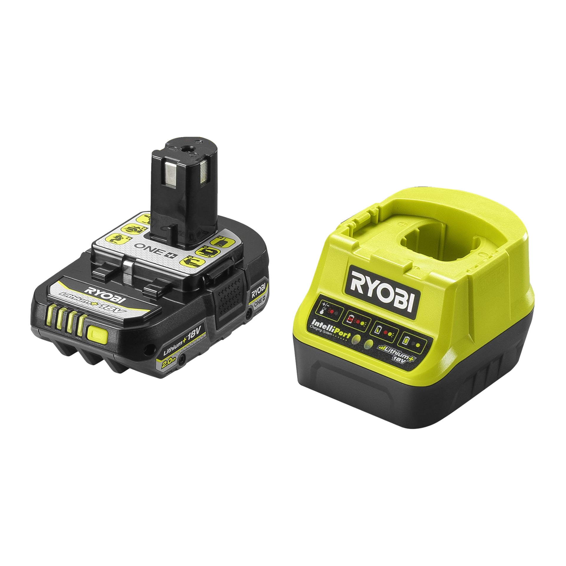 Et Ryobi One+ slagnøkkelsett RIW18-1C20SA3 vises, med verktøy, batteri, lader og bæreveske.