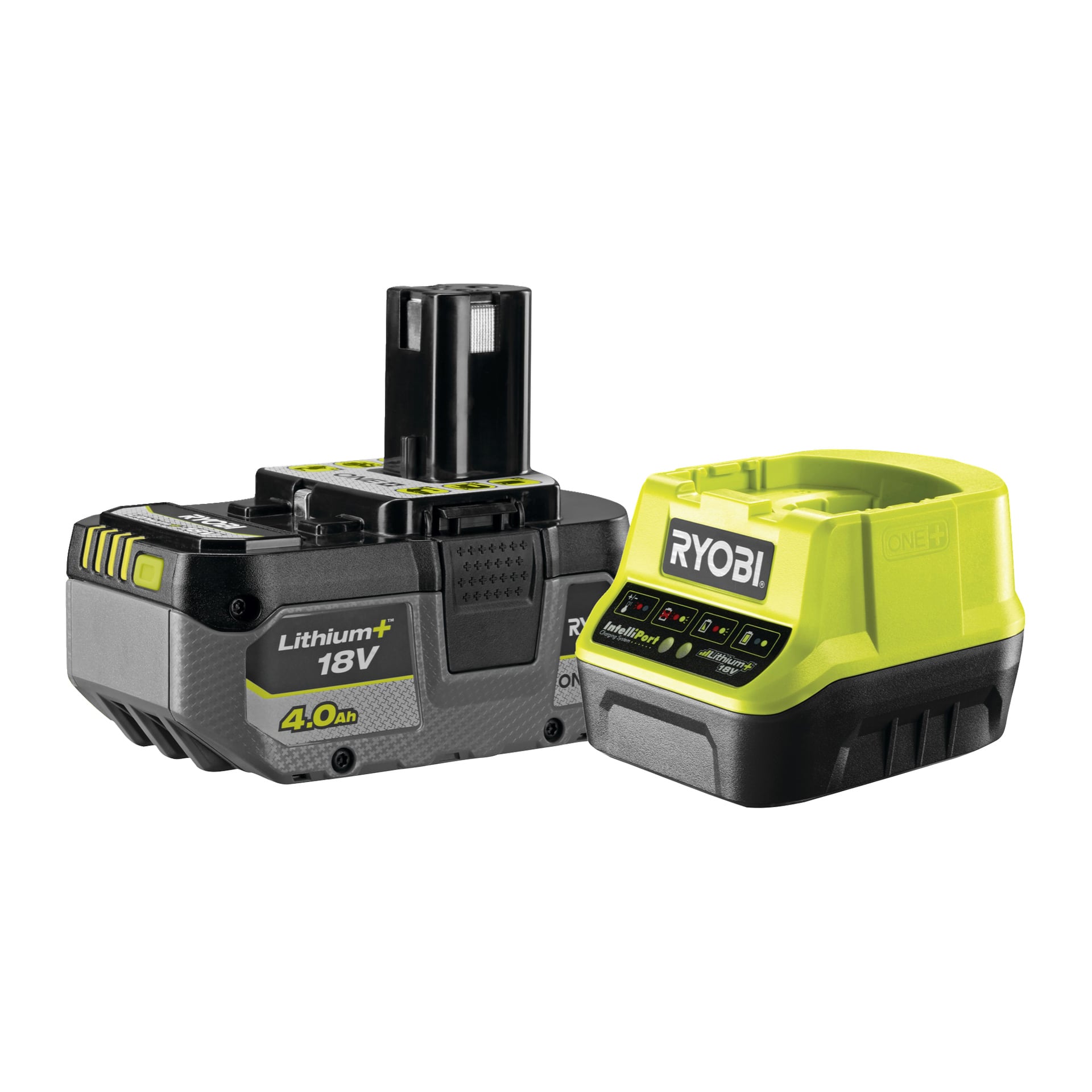 Ryobi One+ HP borstlös skruvmejselsats RPD18X1-1C40SJ, 18V 4,0Ah svart/grått batteri med gulgrönt och matchande laddare.