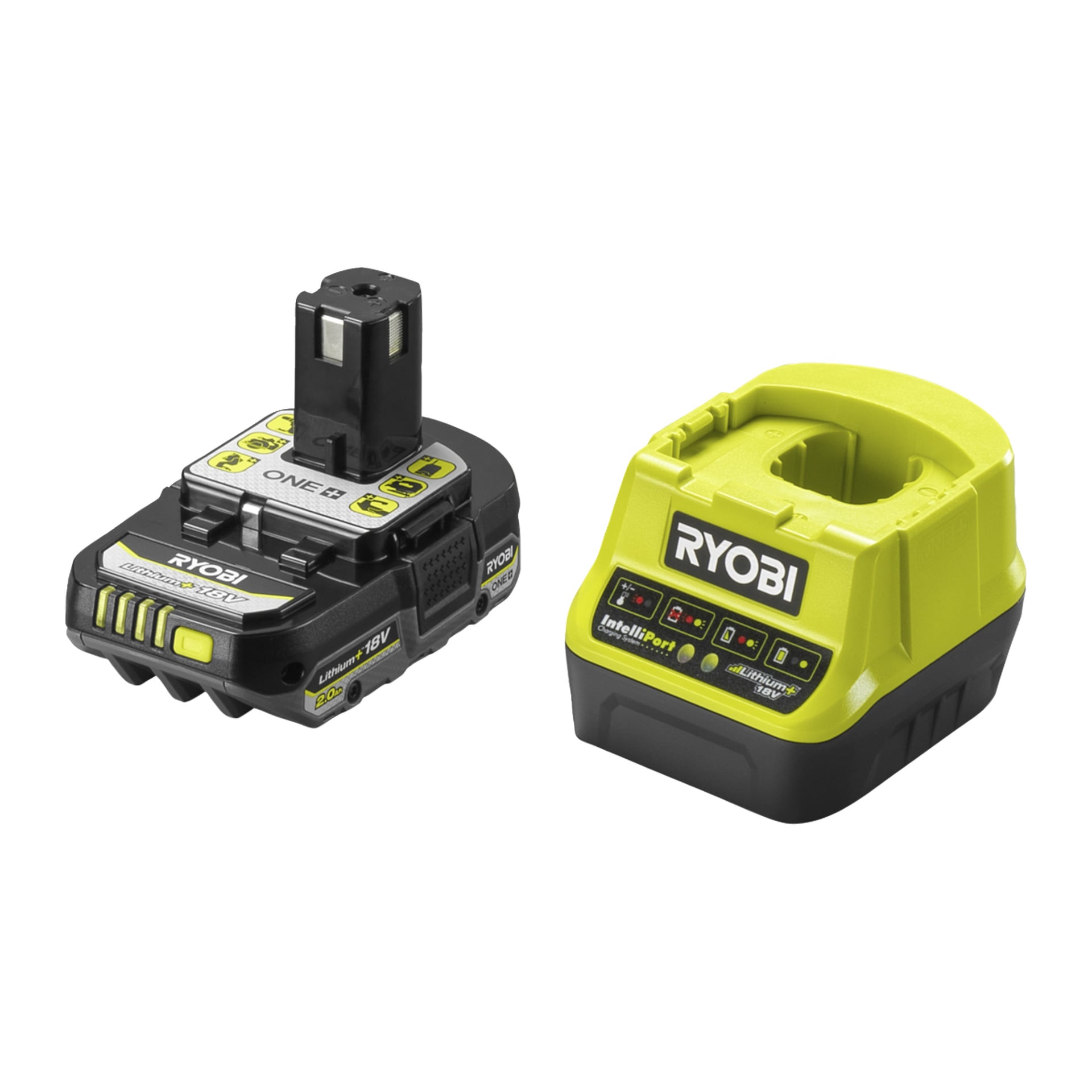 Ryobi One+ HP borstlös skruvmejsel RDD18C1-1C20SJ, laddare och batteri visas tillsammans i svart och klargrönt.