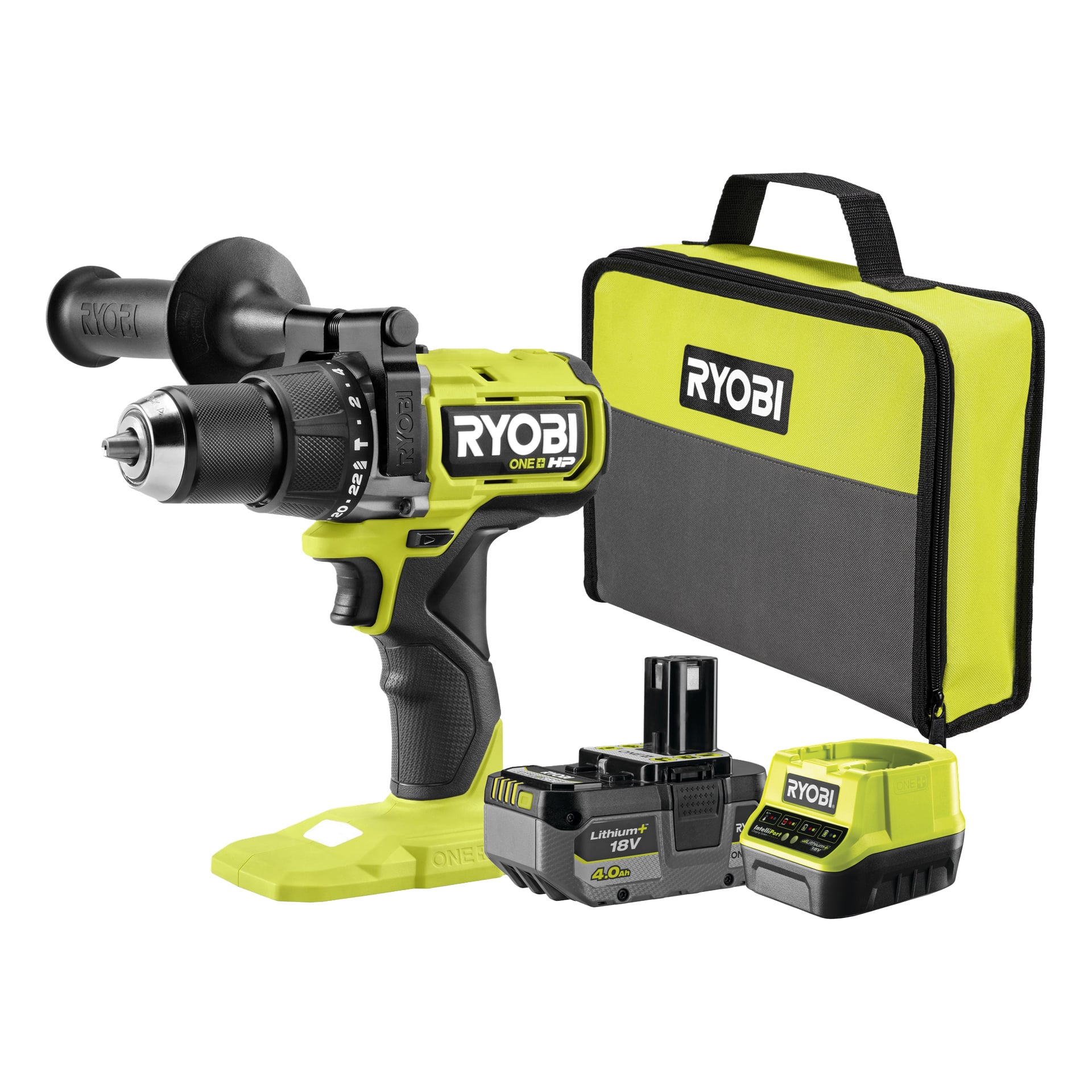 Ryobi One+ HP borstlös skruvmejsel med slagverk, tillbehörskit, batteri, laddare, sidohandtag och svartgrönt fodral utställt tillsammans.
