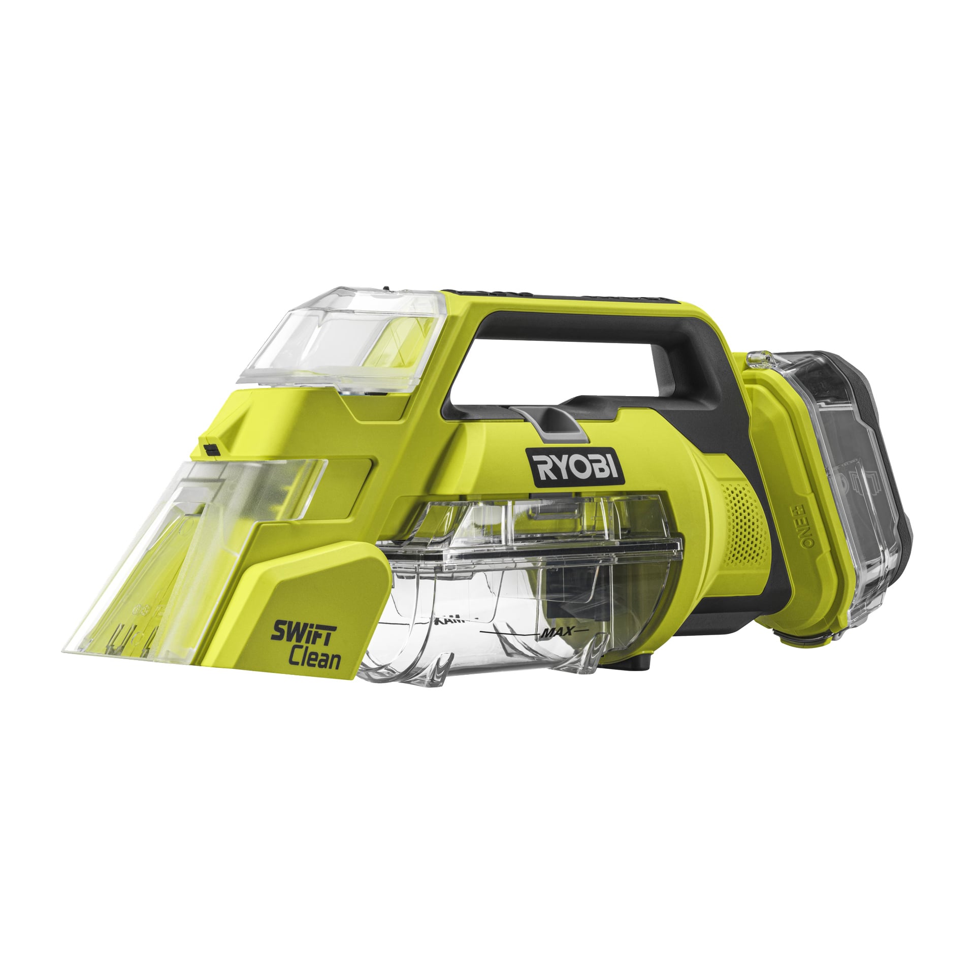 Ryobi One+ Swift Clean RDC18-1C20G do usuwania plam w kolorze żółtym i czarnym, z przezroczystym pojemnikiem na kurz i odsłoniętą komorą na baterię.