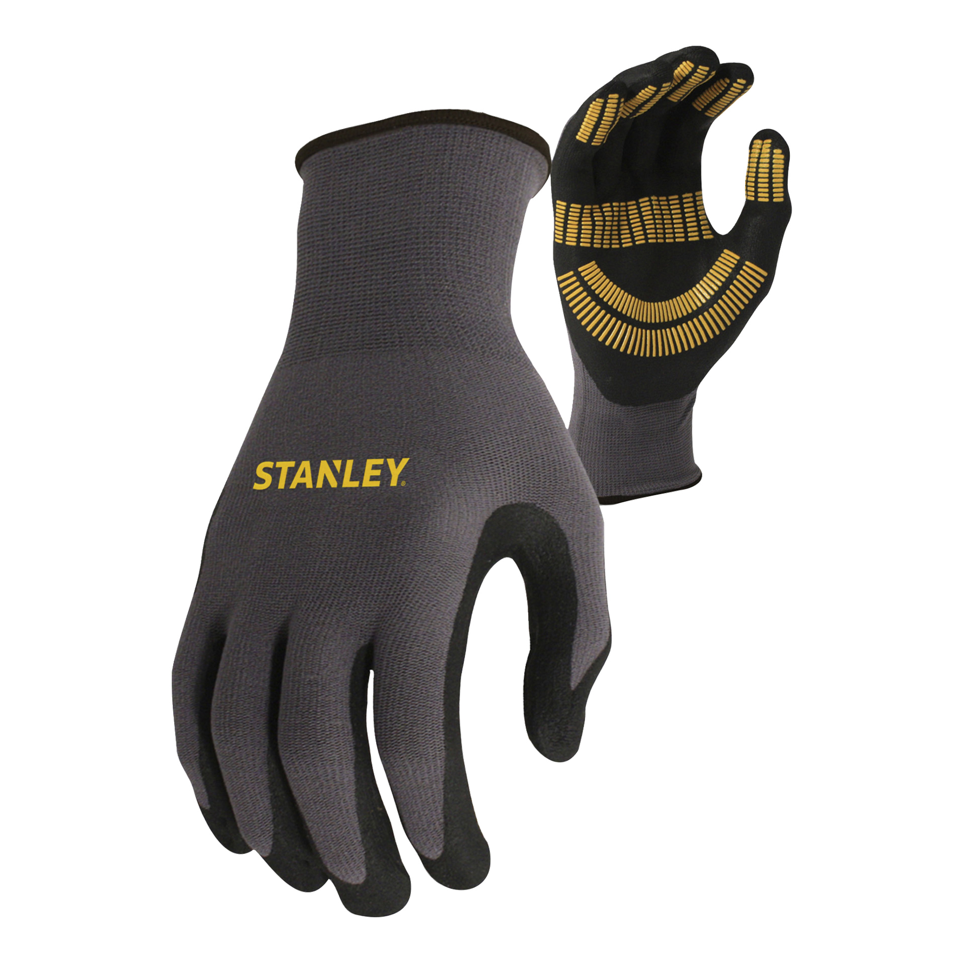 Stanley 3-delat skyddskit (Sycombokit-1 EU) med grå handskar, svarta handflator, gula greppdetaljer och gul STANLEY-logga.
