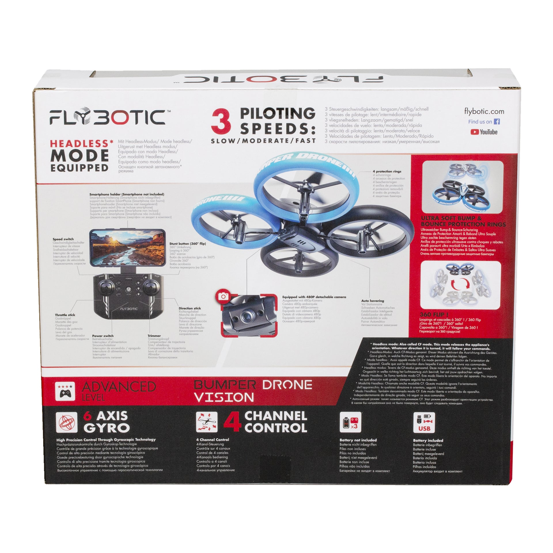 Silverlit Bumper Drone Vision Wifi na tylnej stronie pokazuje Wi-Fi, kamerę 480p, tryb bezgłowy, 3 biegi, żyroskop, pilota i akcesoria.