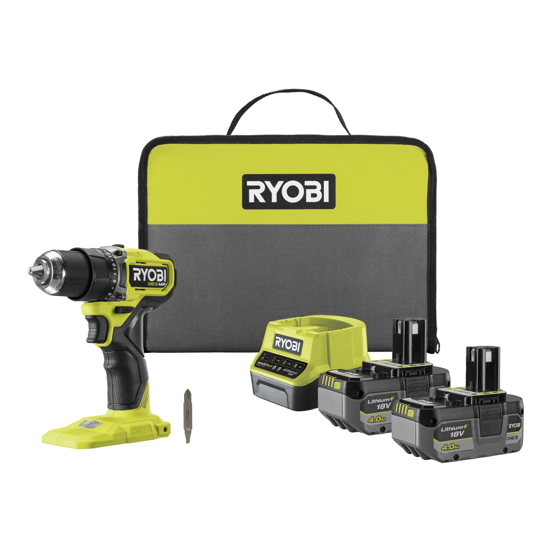 Ryobi One+ HP bürstenloser Bohrsatz mit Tasche, Bohrer, Bohrer, Ladegerät und zwei Batterien. Jeder Gegenstand trägt das Ryobi-Logo.