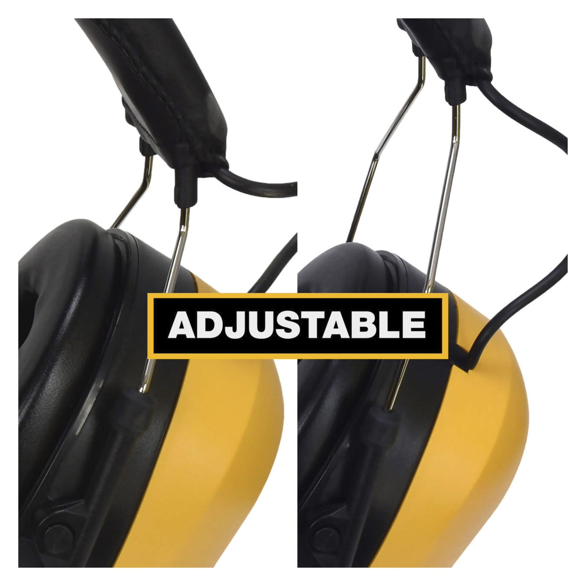 Zbliżenie na żółto-czarną osłonę nauszu DeWalt Bluetooth DPG17EU dwie pozycje pałączki, z napisem "ADJUSTABLE" wypisanym pogrubionymi literami.