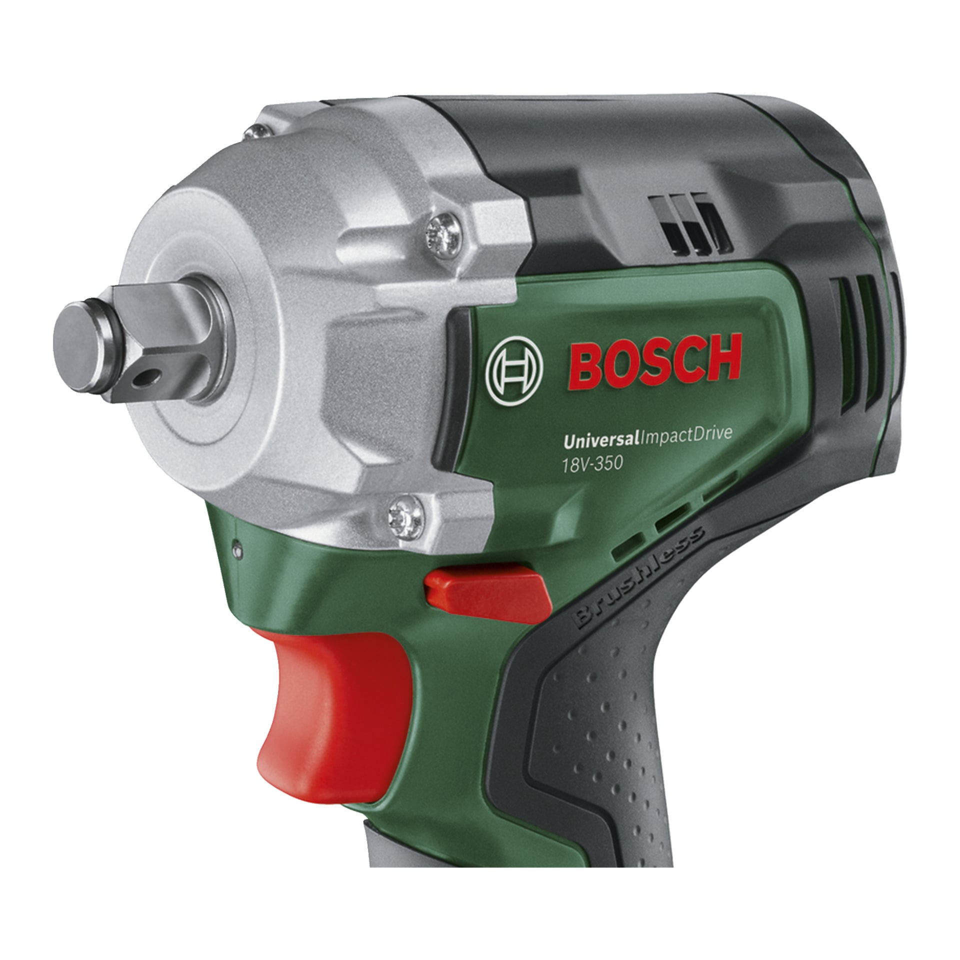 Zbliżenie klucza udarowego Bosch UniversalImpactDrive 18V-350, przedstawiające metalowy napęd nasadowy, szaro-zieloną korpus, czerwony spust i logo.
