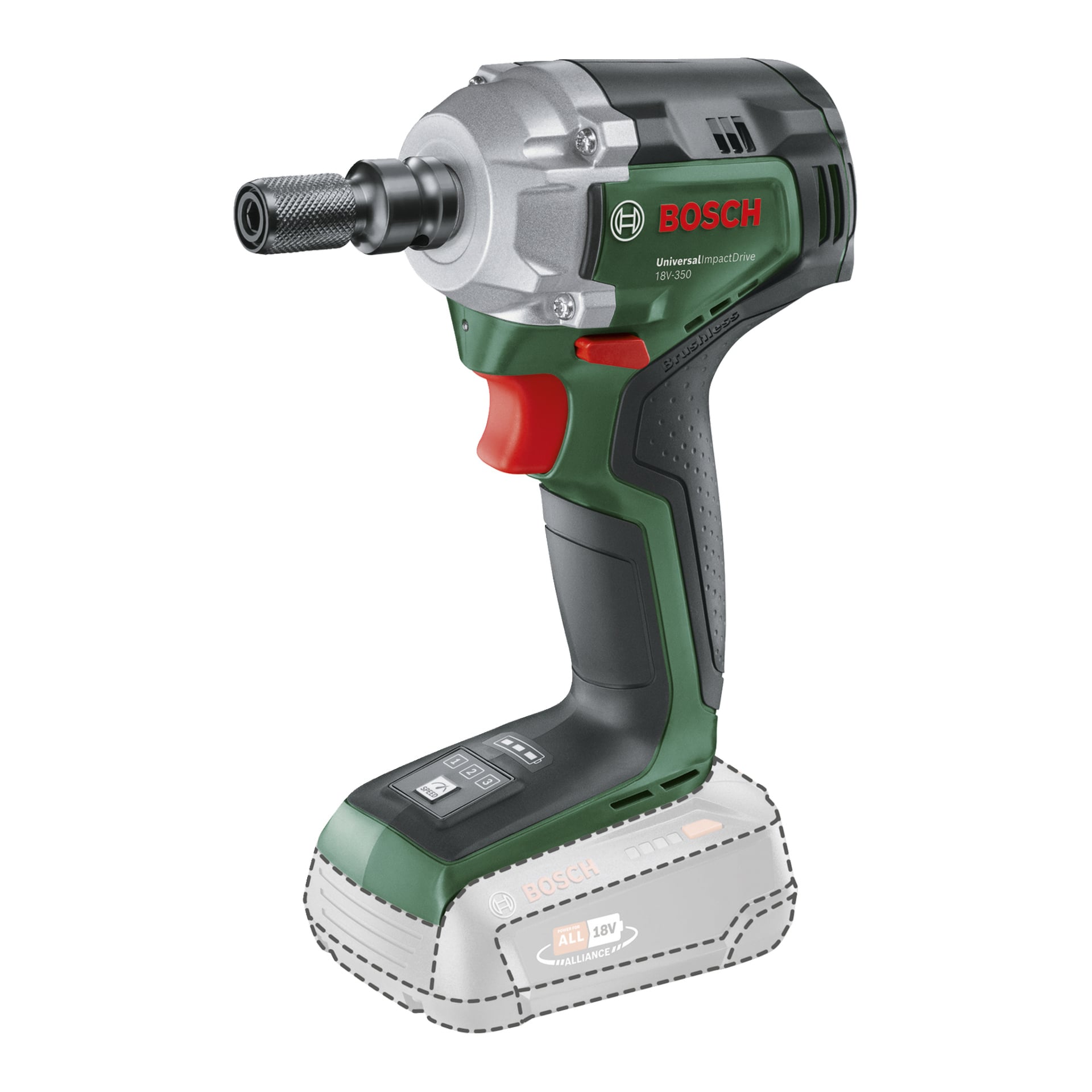 Bosch Power 4 All UniversalImpactDrive 18V-350 klucz udarowy w kolorze zielono-czarnym, metalowa głowica wiertarka, czerwony spust, bez baterii.
