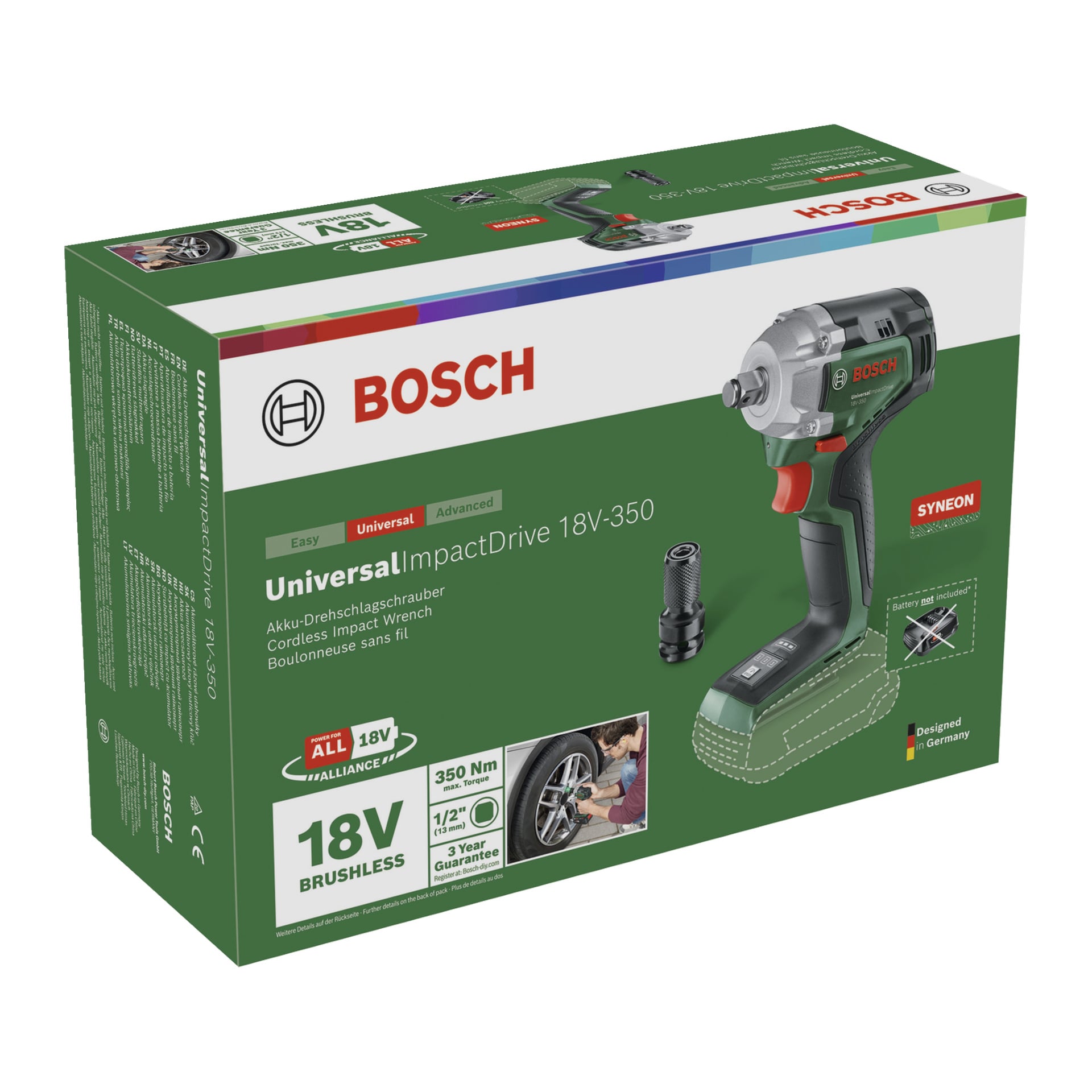 Zielono i czerwone Bosch Power 4 Na każdym pudełku znajduje się klucz UniversalImpactDrive 18V-350, dodatkowy element oraz kluczowe cechy: 18V, bezszczotkowy silnik, moment obrotowy 350 Nm.