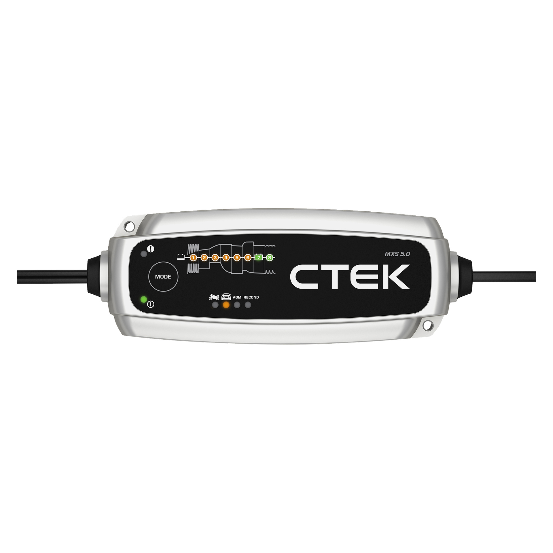 CTEK MXS 5.0 Power Kit har ett svart och silverfärgat fodral, lägeslampor, en progressbar med etiketter och kablar på båda sidor.