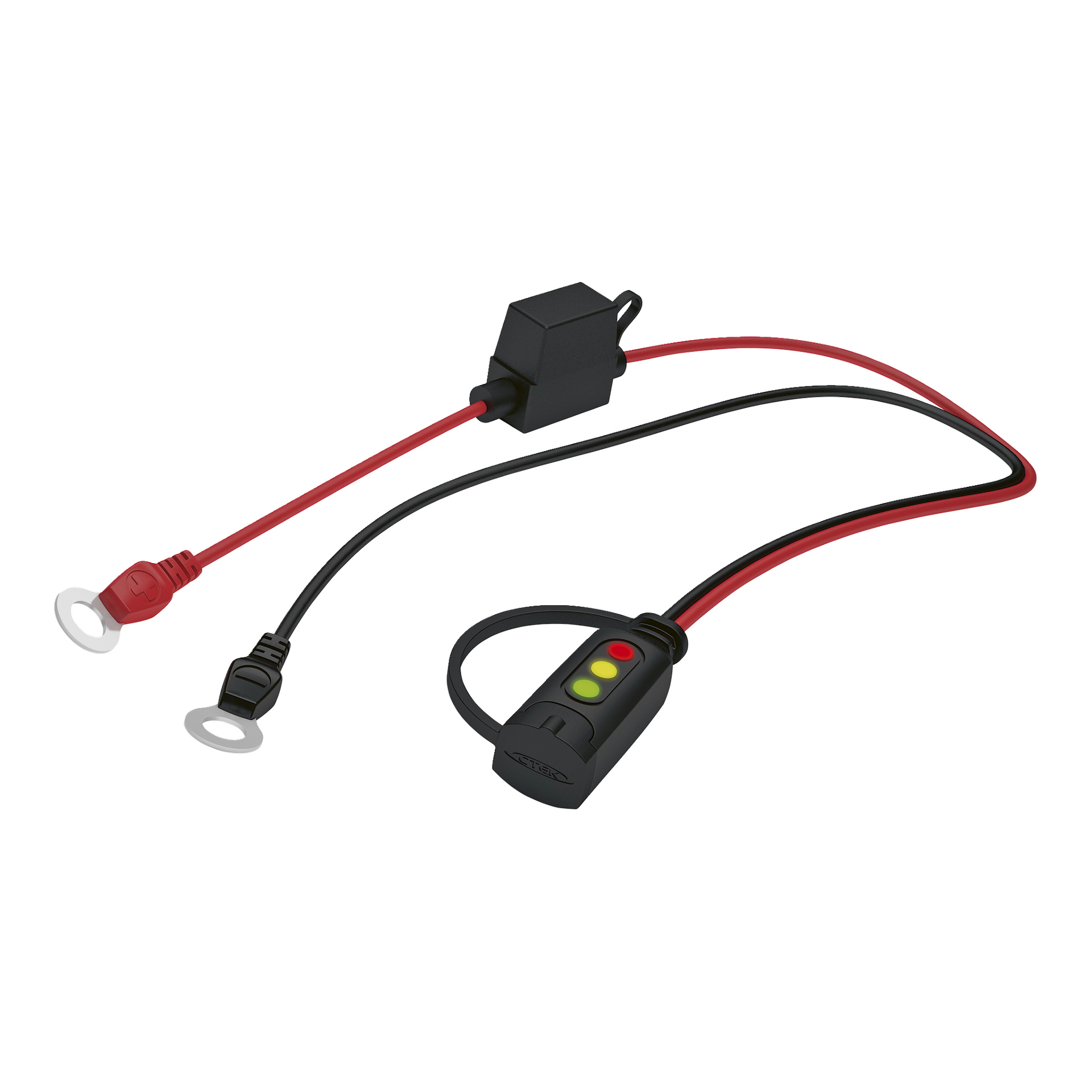 CTEK MXS 5.0 Power Kit levereras med en svart och röd kabel, ringterminaler, inline-säkring och en kontakt med tre LED-lampor.