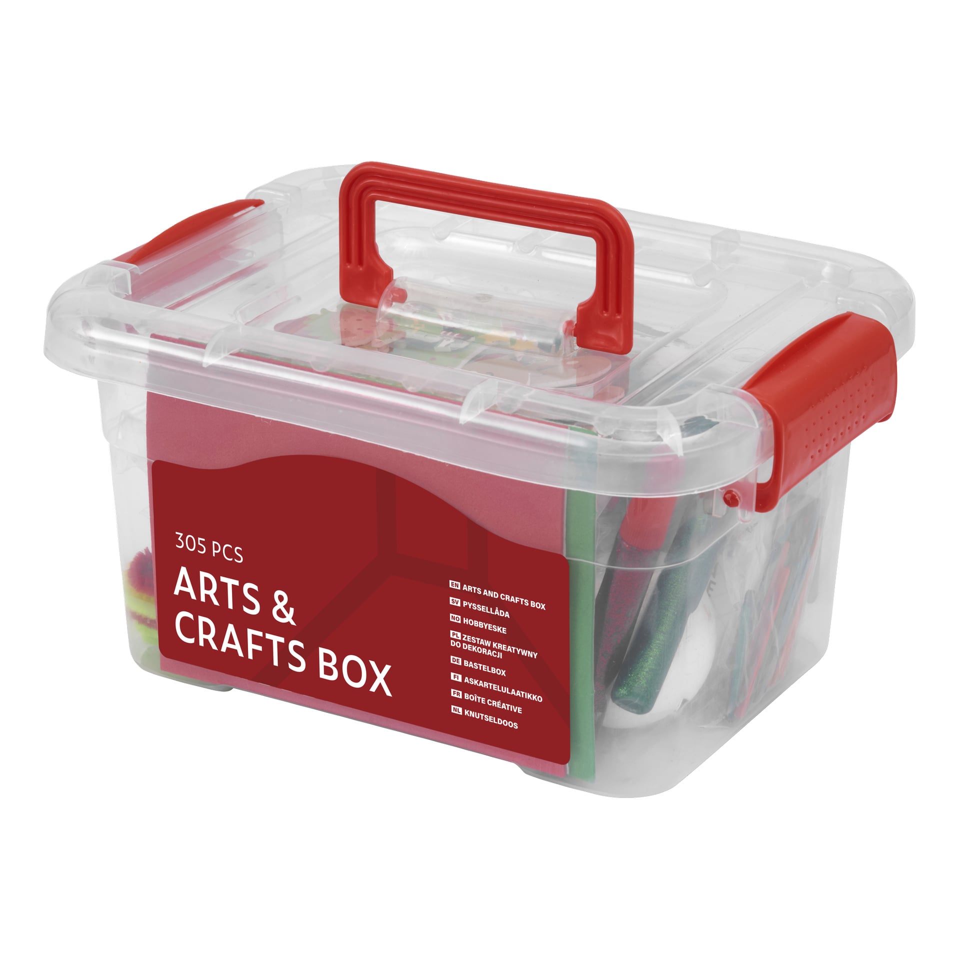 Przezroczyste plastikowe pudełko z czerwonym uchwytem i zatrzaskami, oznaczone przez EKVIP "Arts and Crafts box 304 pieces", wypełnione różnorodnymi kolorowymi materiałami i narzędziami do rękodzieła.