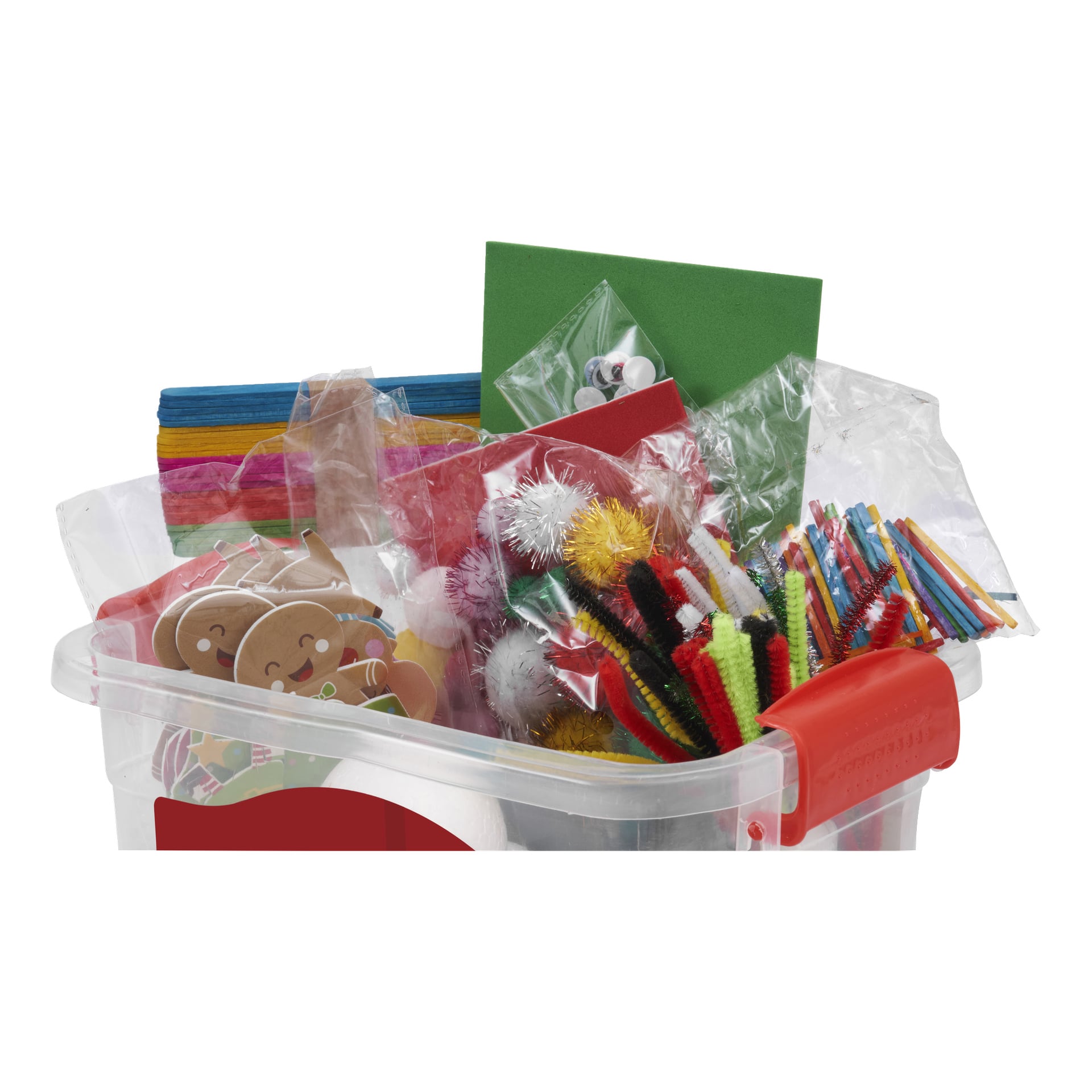 "Pudełko EKVIP Arts and Crafts 304" pokazane jest jako przezroczysty pojemnik wypełniony materiałami, takimi jak kolorowy papier, druciki do drutki, pompomy, patyczki do lodów, oczka typu googly, piankowe kształty i inne przedmioty do kreatywnego użytku.
