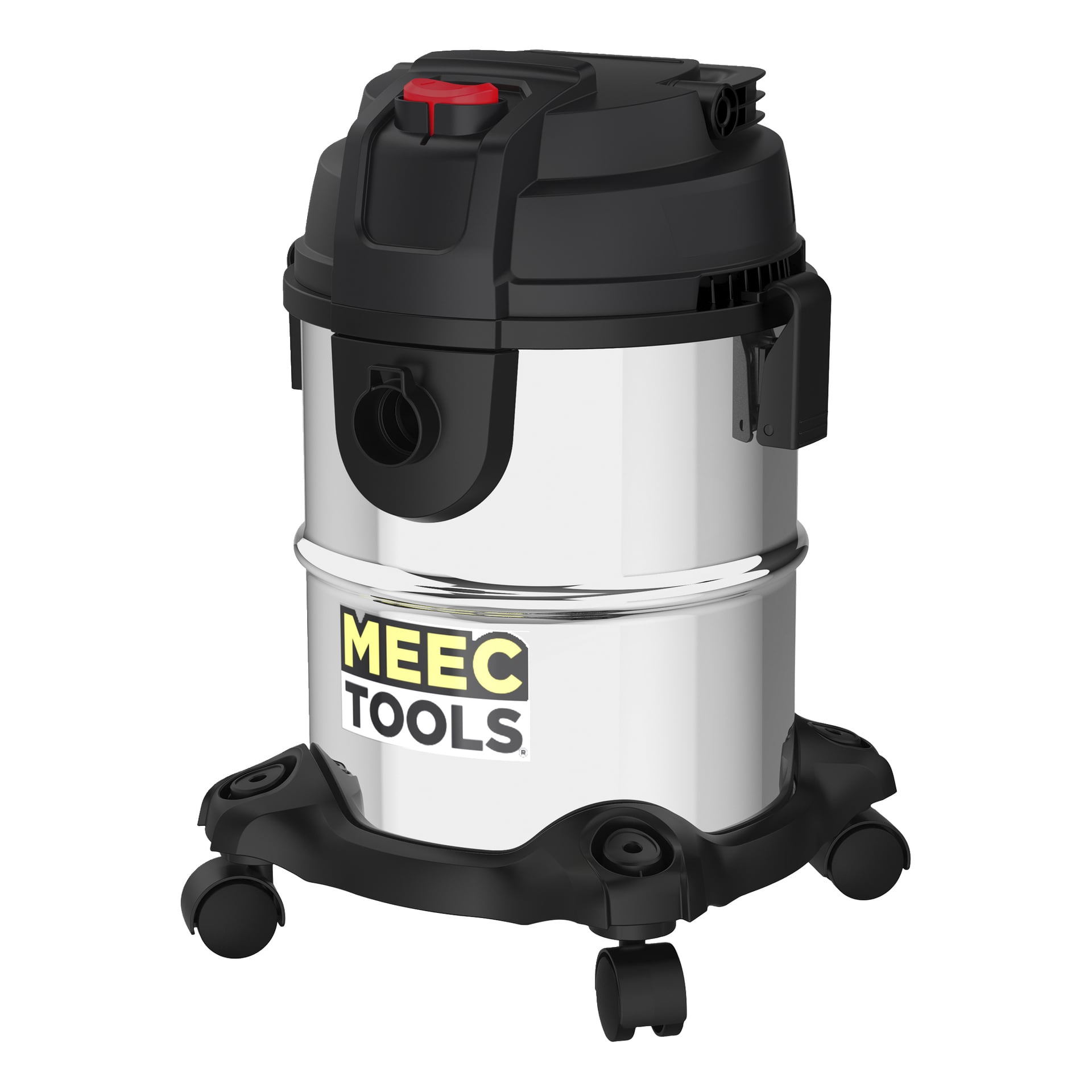 En Meec Tools kraftig dammsugare med rostfri stålkropp, svart topp och bas, röd strömknapp, fyra hjul och logga fram.