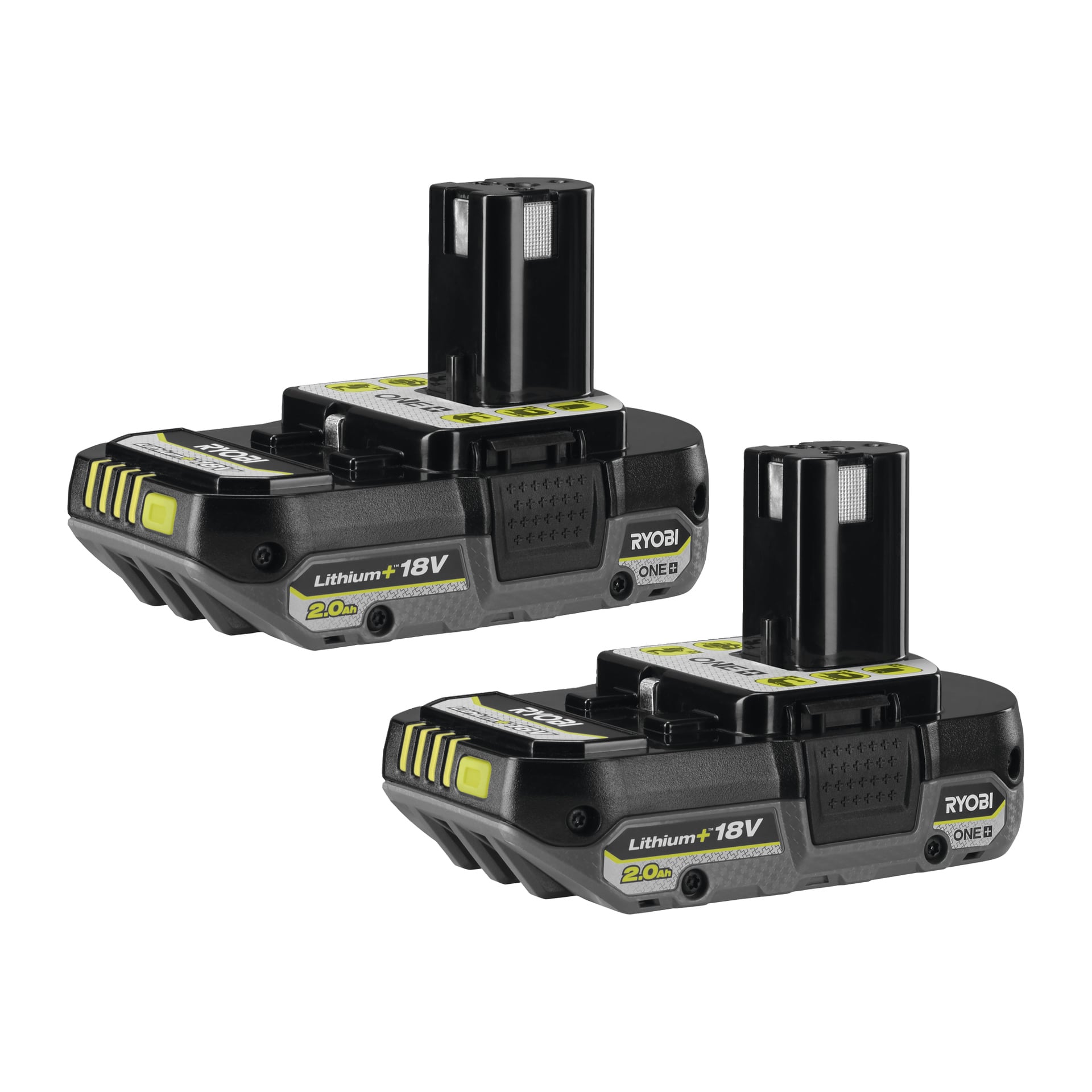 Fire Ryobi One+ flerladere med batterier vises. De svarte batteriene har gulgrå etiketter og ONE+-logoer.