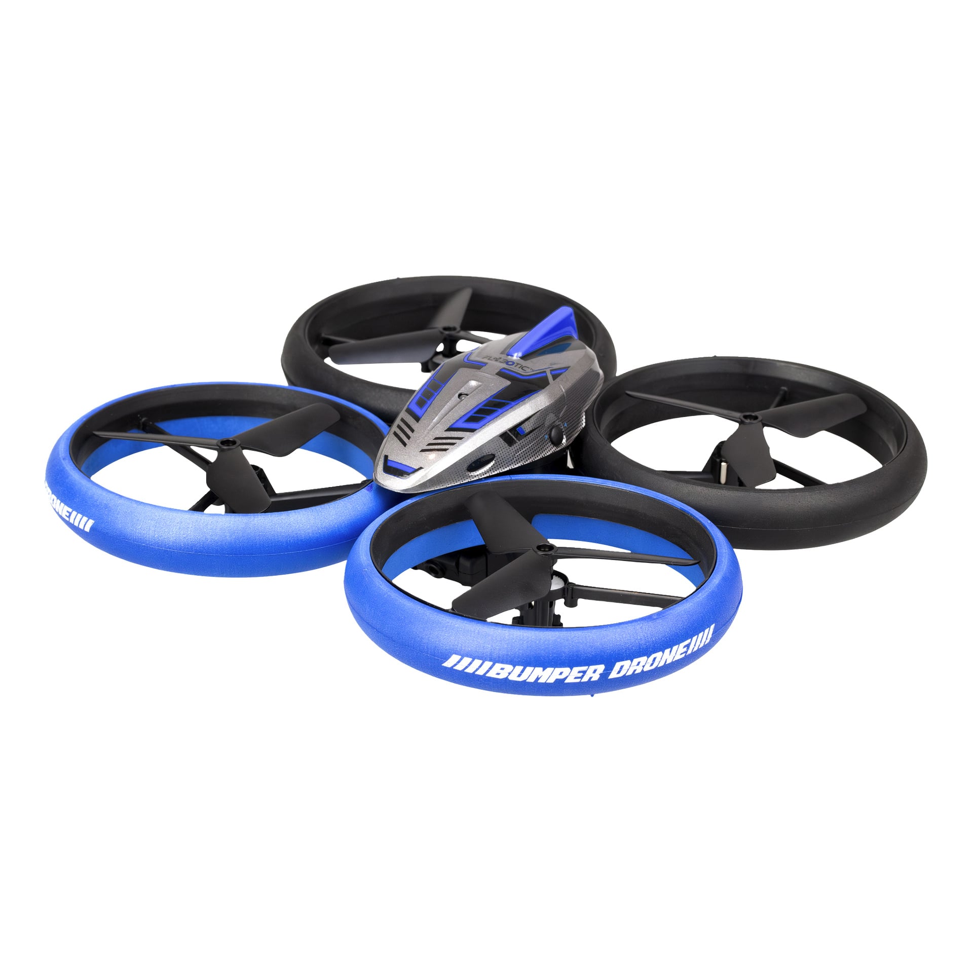 Silverlit Bumper Drone Vision Wifi quadkopter z metalicznym szarym i czarnym nadwoziem, niebieskimi i czarnymi zderzakami, Wi-Fi oraz kamerą 480p.