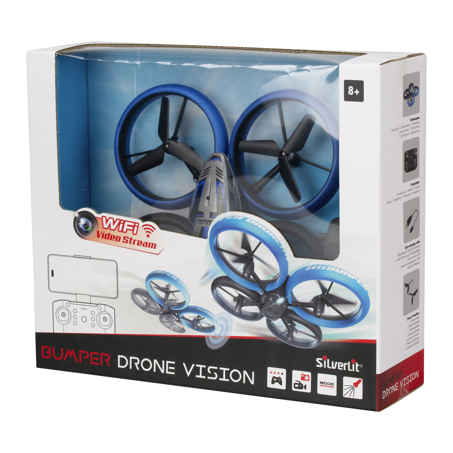 Pudełkowy Silverlit Bumper Drone Vision Wifi dla dzieci 8+ z niebieskimi osłonami śmigieł, wideo Wi-Fi i kamerą 480p widoczną na opakowaniu.