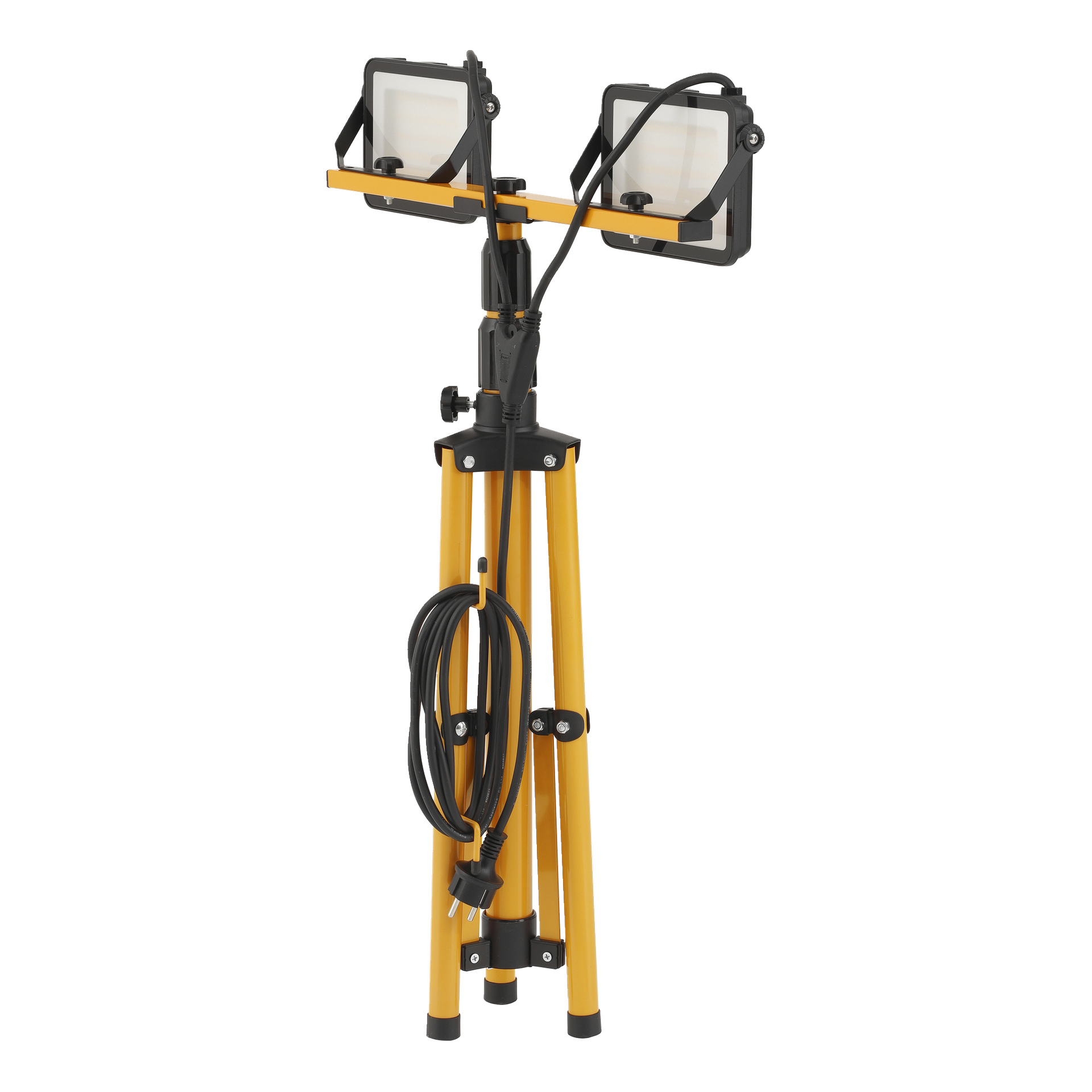 En gul stativlampe med to justerbare rektangulære LED-lys og en svart strømkabel surret rundt ett ben.