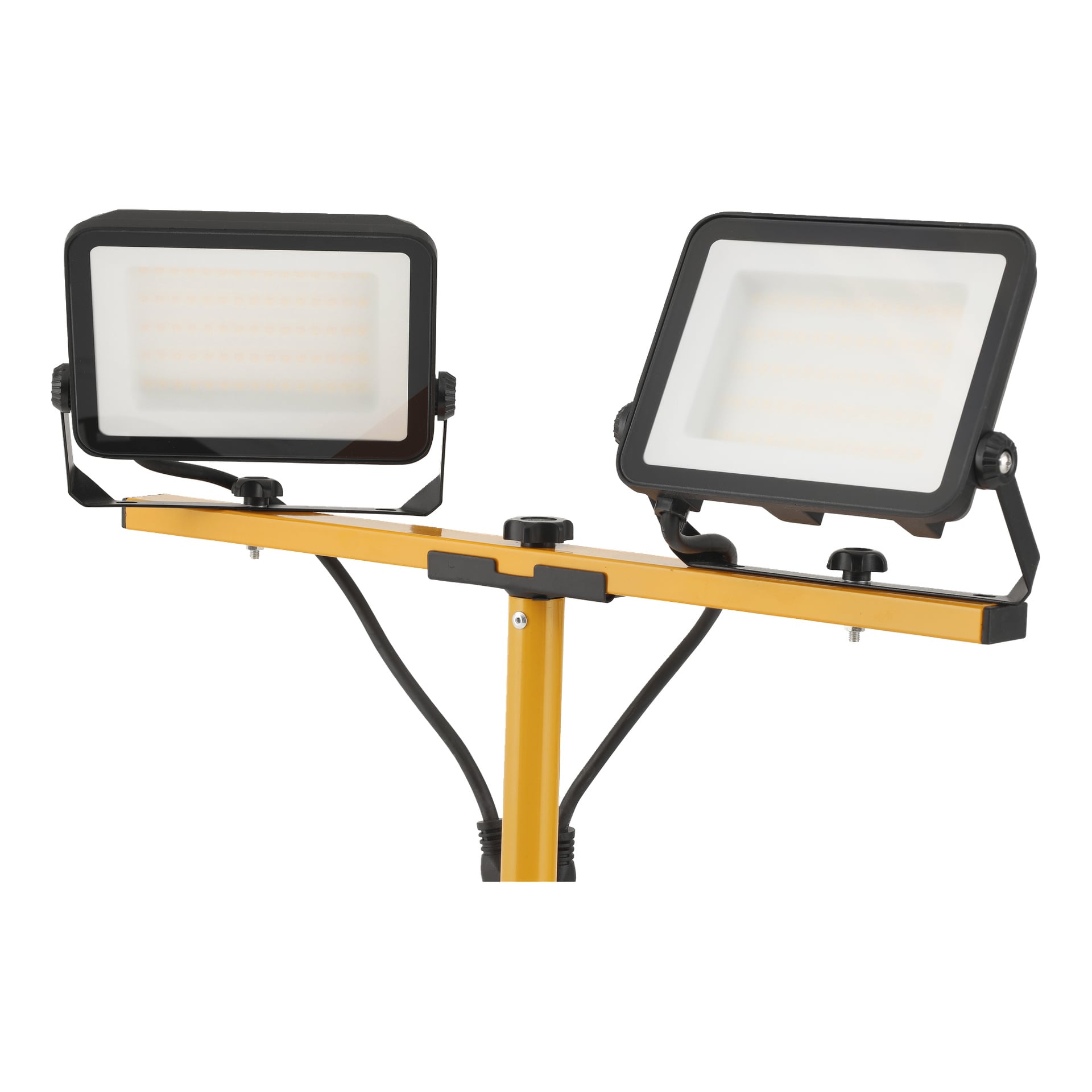 Anslut Double LED arbeidslampe har to justerbare rektangulære lys med svarte rammer på et gult stativ, med ledninger som går nedover.