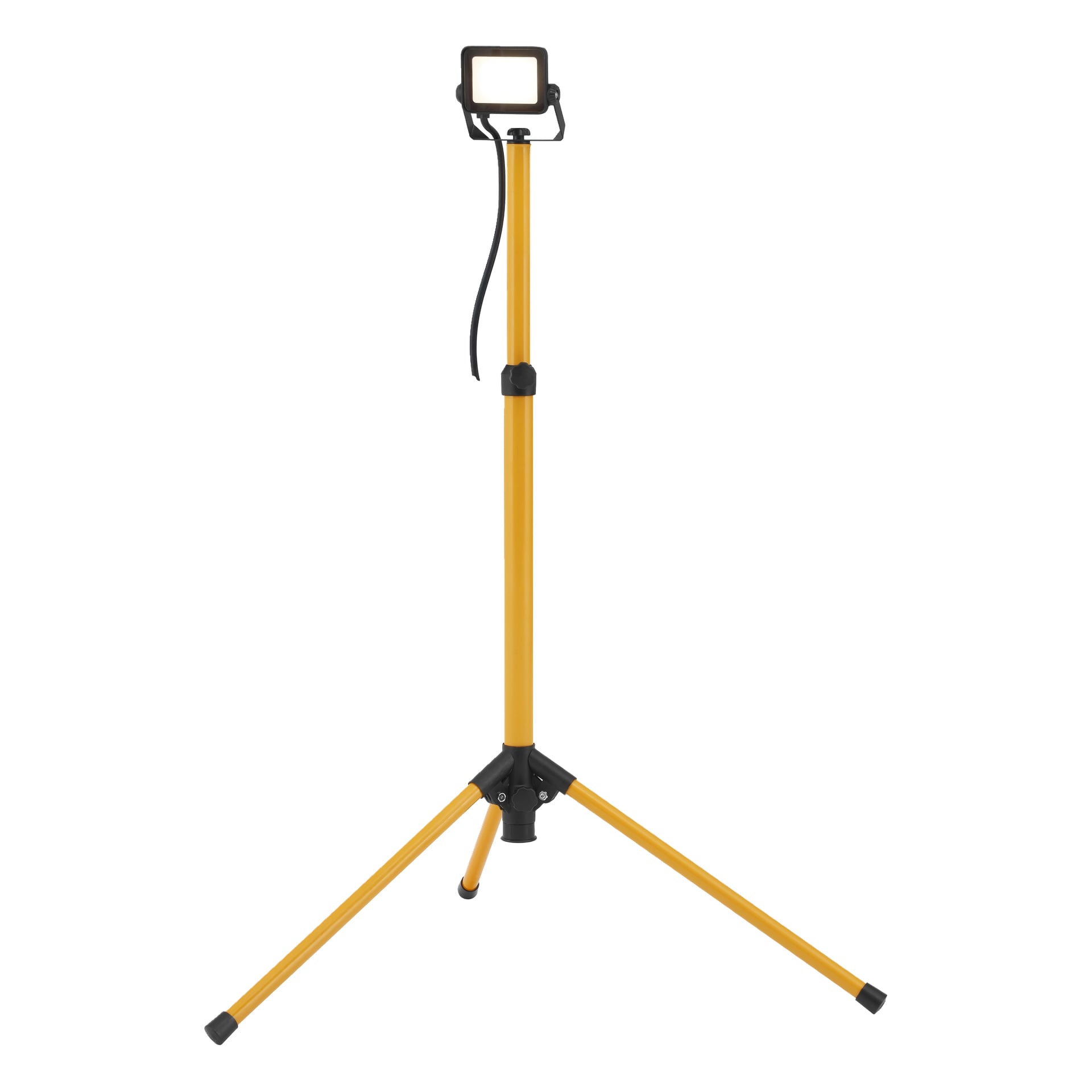 Tragbare gelbe Anslut LED-Arbeitslampe auf einem verstellbaren dreibeinigen Stativ, mit einem Stromkabel, das von hinten herausragt.