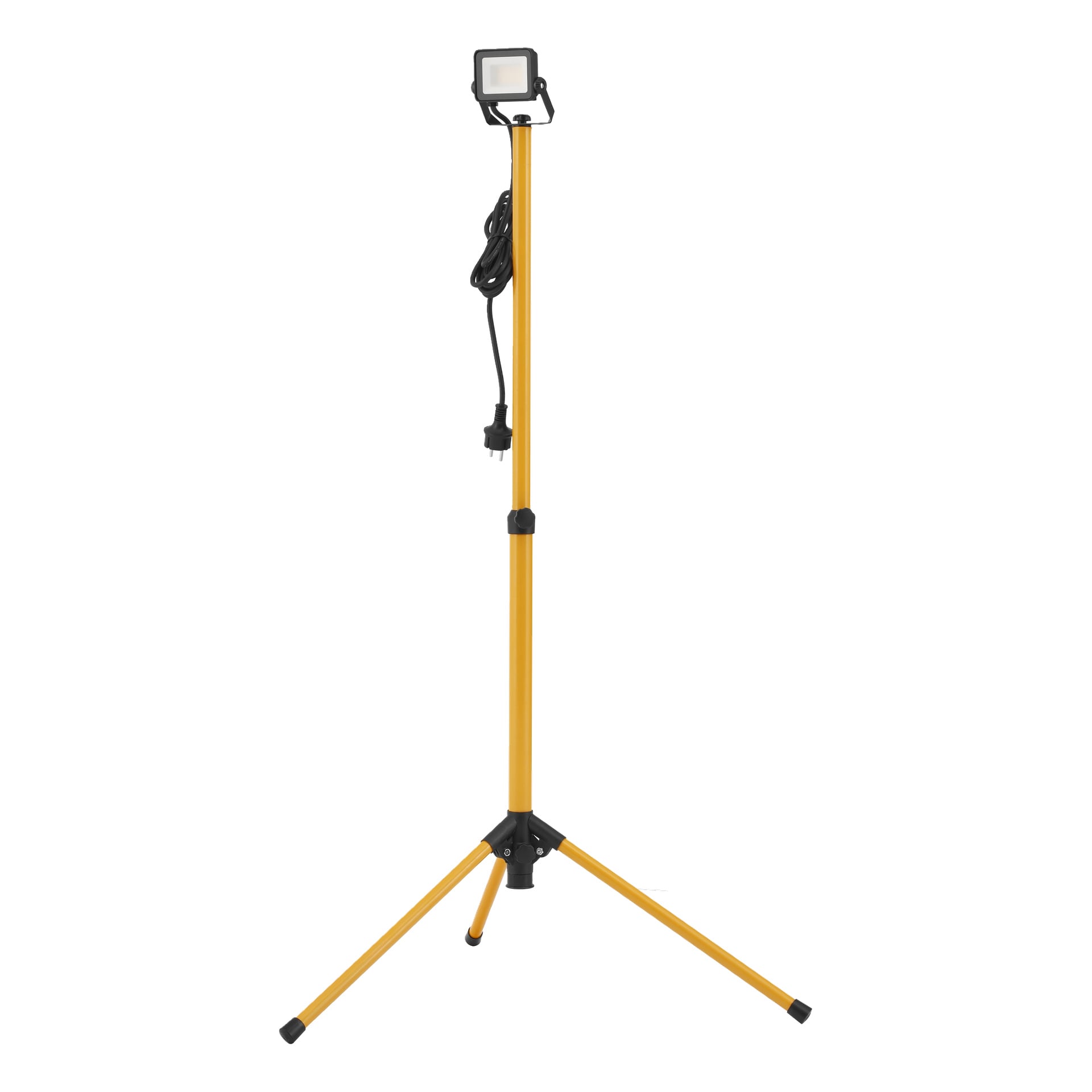 Anslut LED-Arbeitslampe auf einem Stativ mit gelber verstellbarer Mast, schwarzem Kabel und Stecker sowie einem breiten Stativ zur Unterstützung.