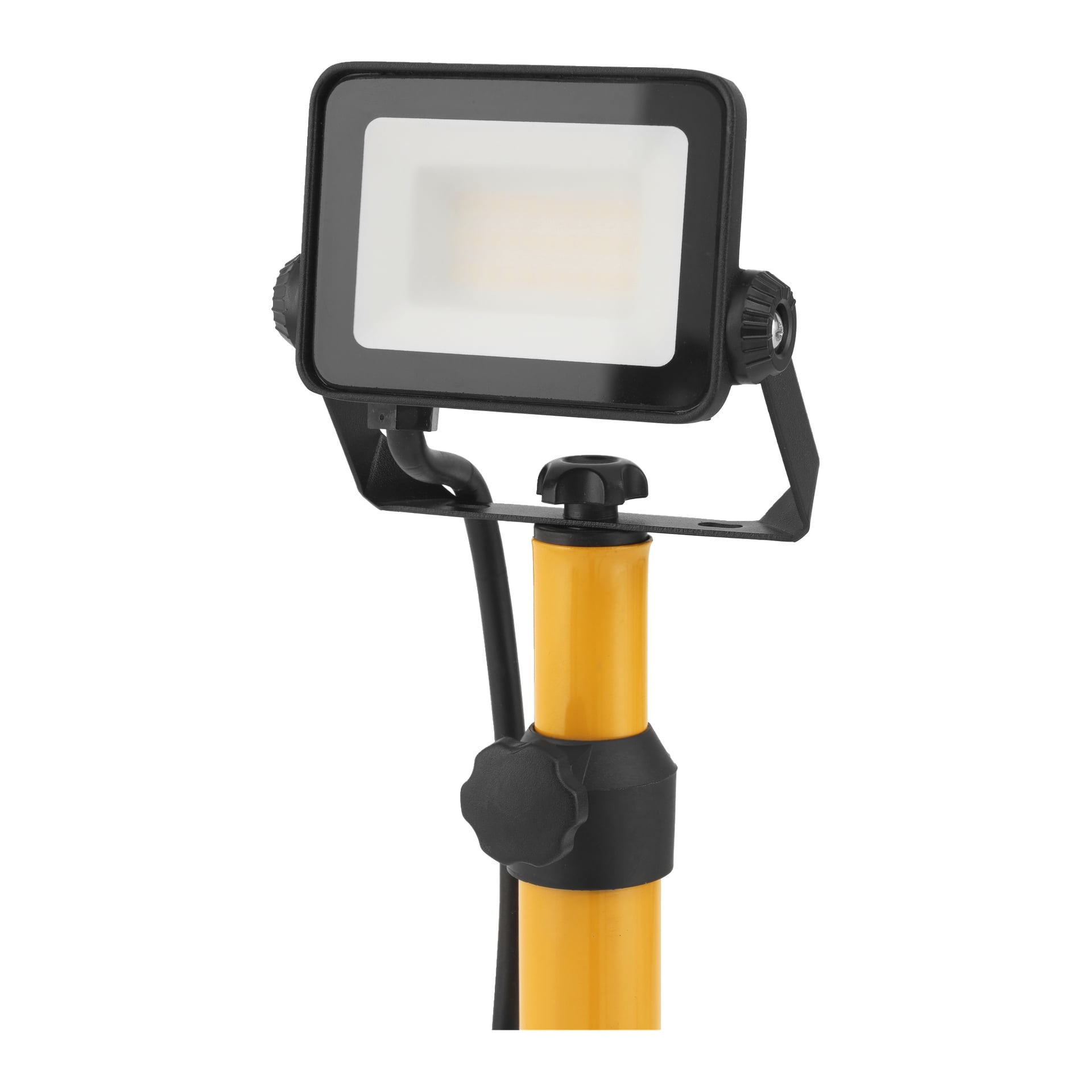 Anslut LED-Arbeitslampe auf einem gelben, verstellbaren Ständer mit rechteckiger Form, schwarzem Anziehknopf und angeschlossenem schwarzen Kabel.
