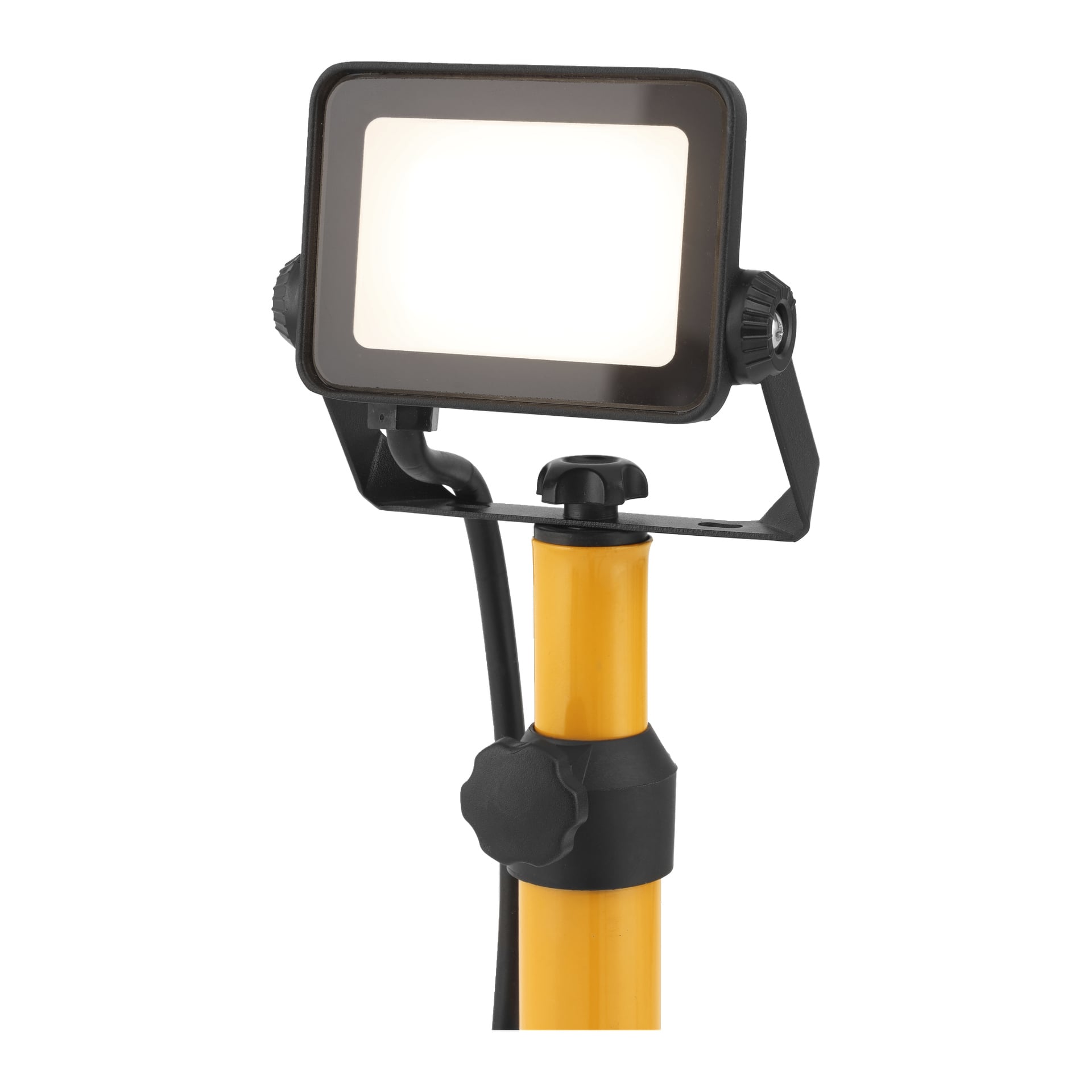 Anslut LED-Arbeitslampe auf einem gelben Stativ, mit rechteckigem Licht, schwarzem Rahmen, Kabel und Knöpfen zur Positionsverstellung.