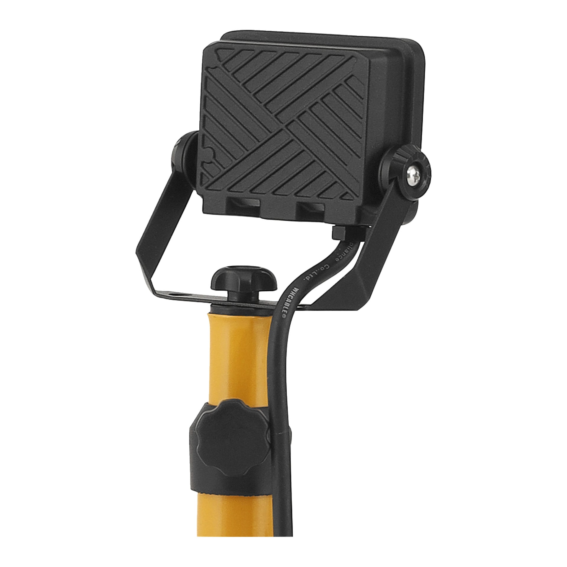 Anslut LED-Arbeitslampe mit schwarzem rechteckigem Licht, verstellbarem gelben Stativ, sichtbarem Stromkabel und strukturiertem hinteren Gehäuse.