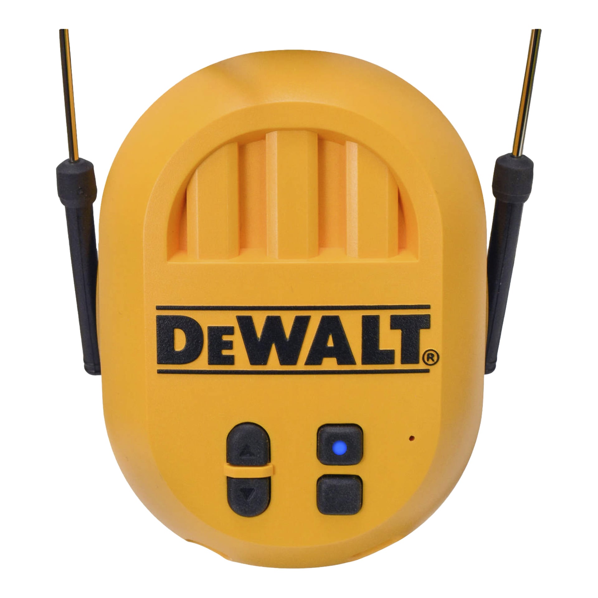 Żółta ochrona słuchu DeWalt Bluetooth (DPG17EU) z podwójnymi czarnymi antenami, trzema czarnymi przyciskami, niebieskim światłem i czerwoną diodą LED z przodu.