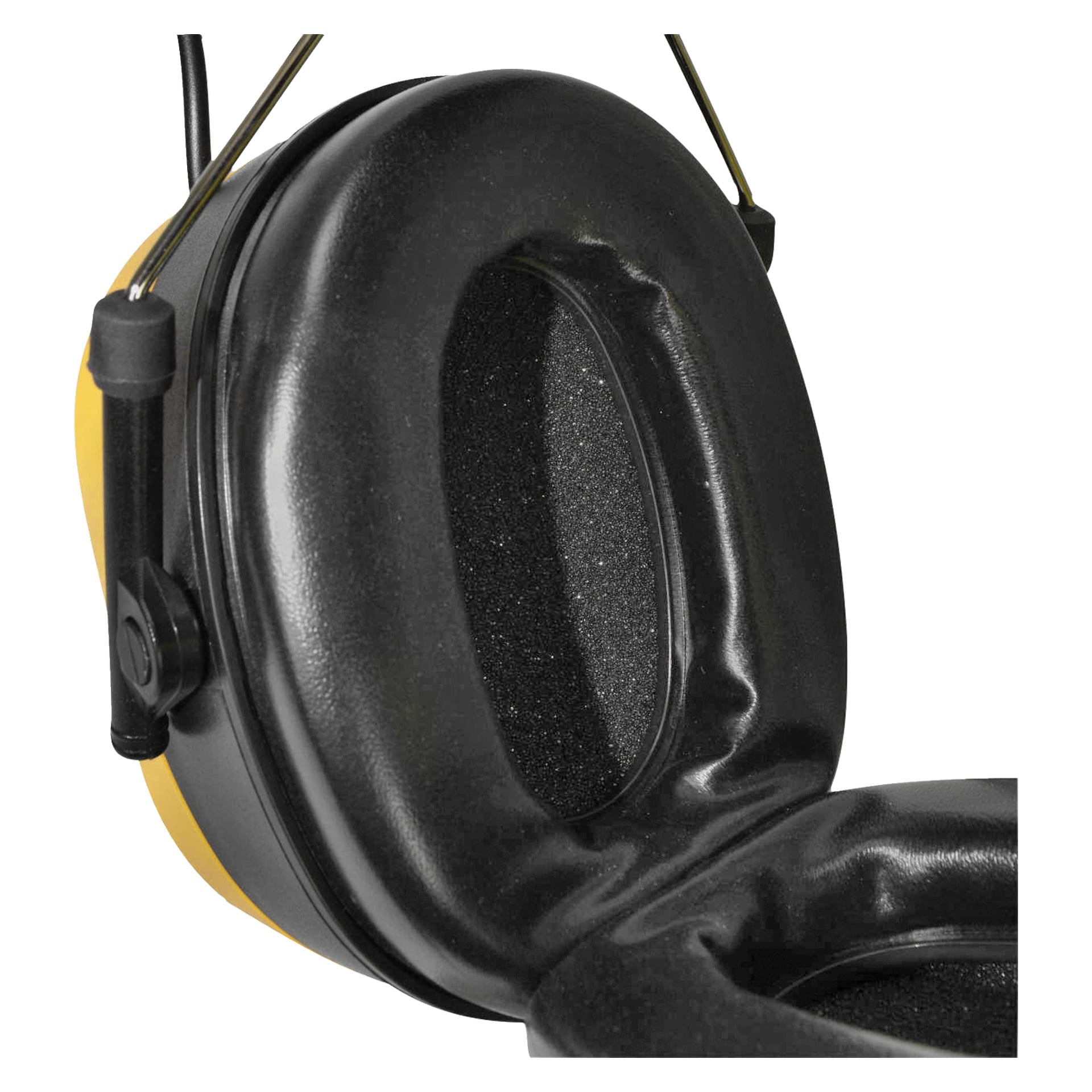 Osłona nauszu Bluetooth DeWalt DPG17EU pokazana z bliska z czarno-żółtym stylem nausznym, miękkimi poduszkami i pianką w środku.