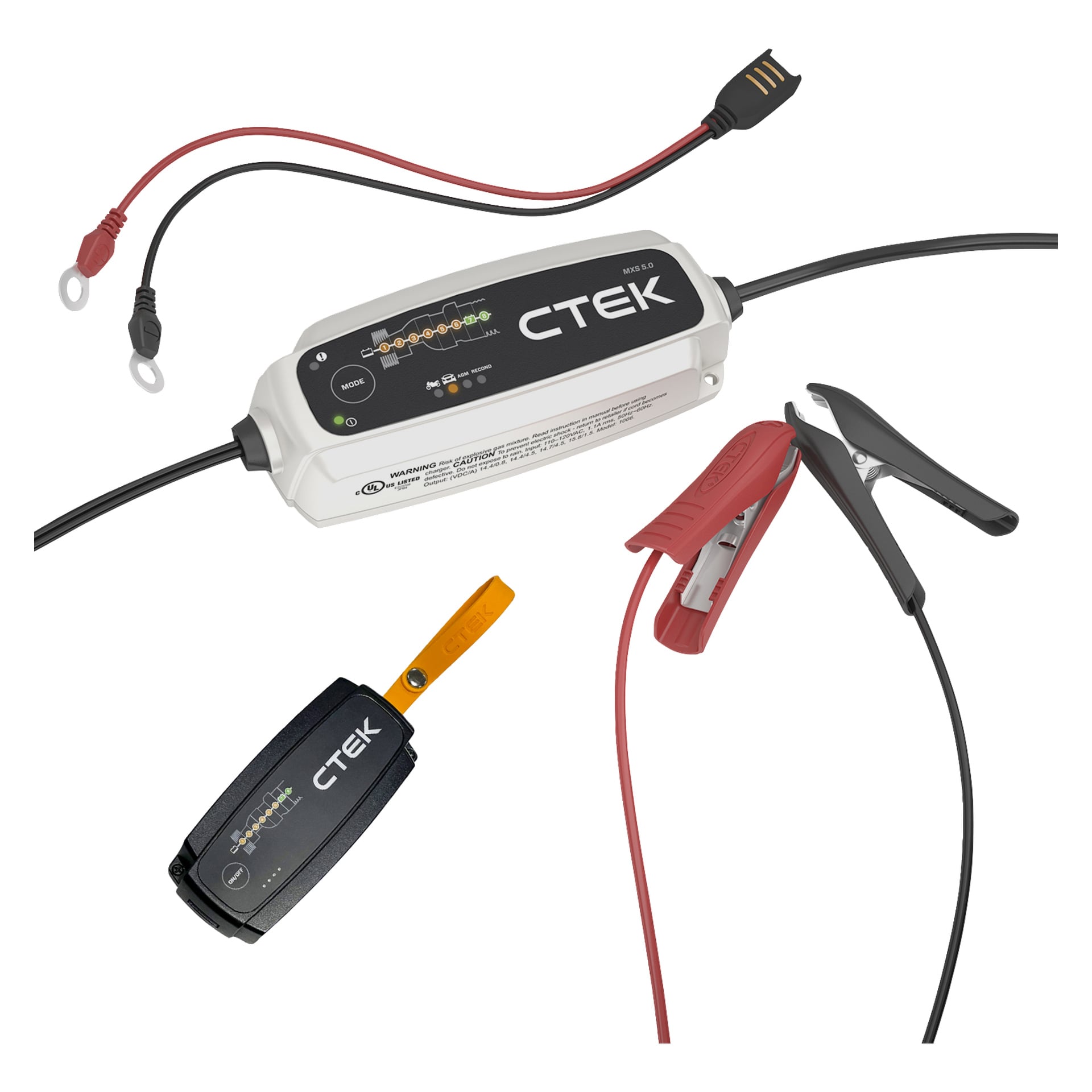 CTEK MXS 5.0 Power Kit med laddare, powerbank, ringterminaler, alligatorklämmor och en närbild av den avtagbara kontaktkontakten.